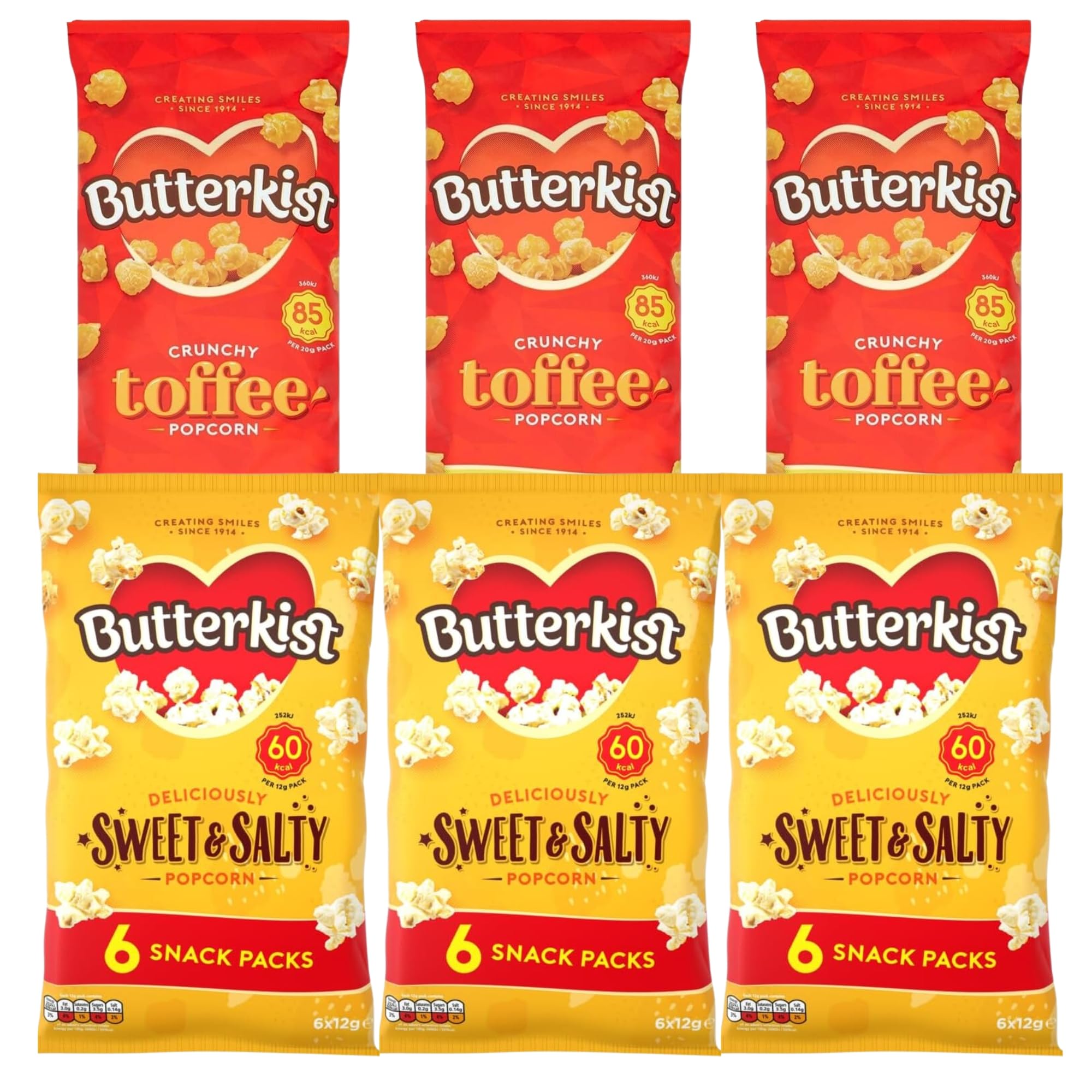 Popcorn Bundle with Butterkist Sweet & Salty Pop corn 6x12g x3 and Crunchy Toffee Popcorn 6x20g x3 (6 Pack)