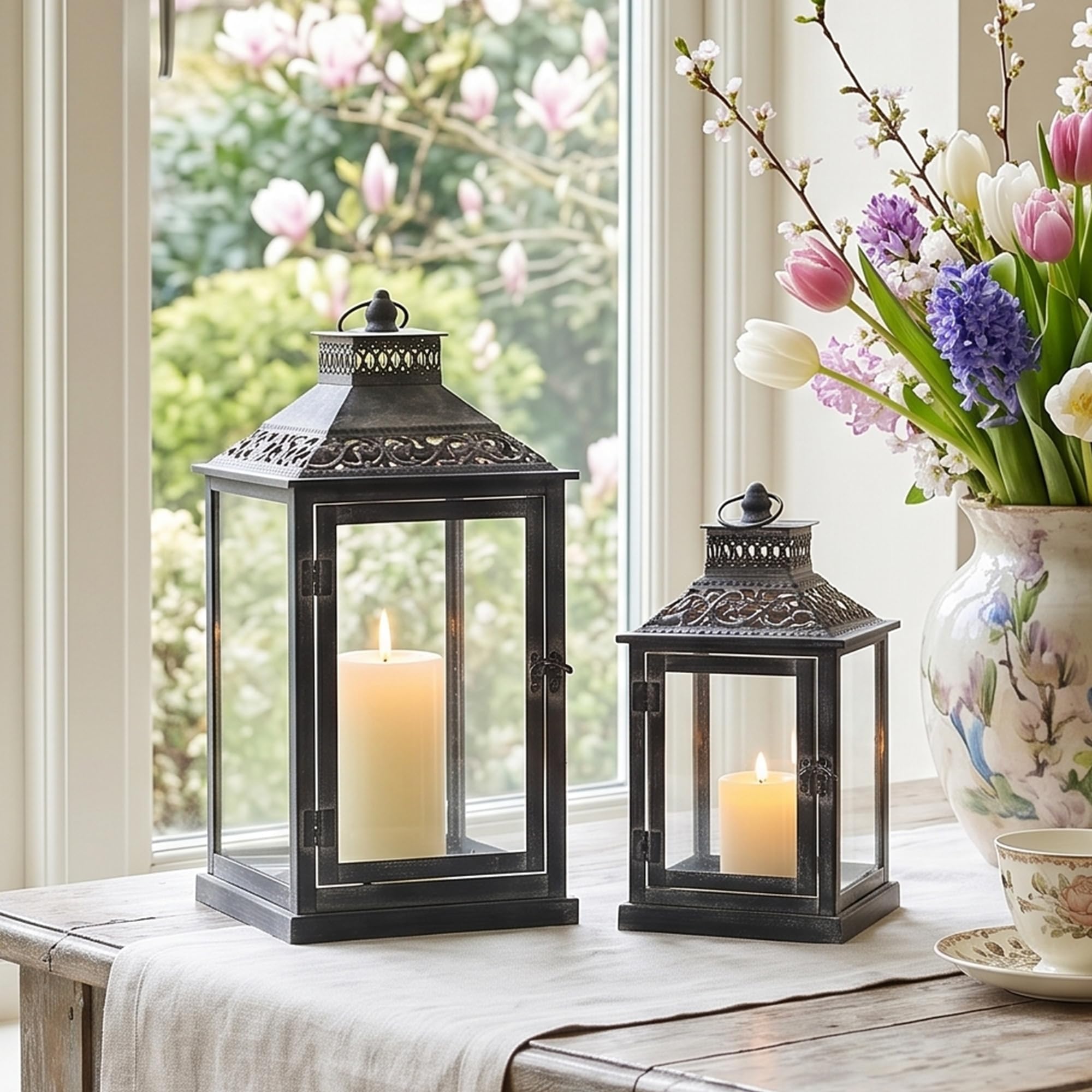 JHY DESIGN Set of 2 Large Lanterns, 41cm&27cm High Metal Canldestickss for Indoor Outdoor Hallway Grave, Vintage Hanging Candle Holder Living Room Garden Balcony Yard Gift(Black with Grey Brush)