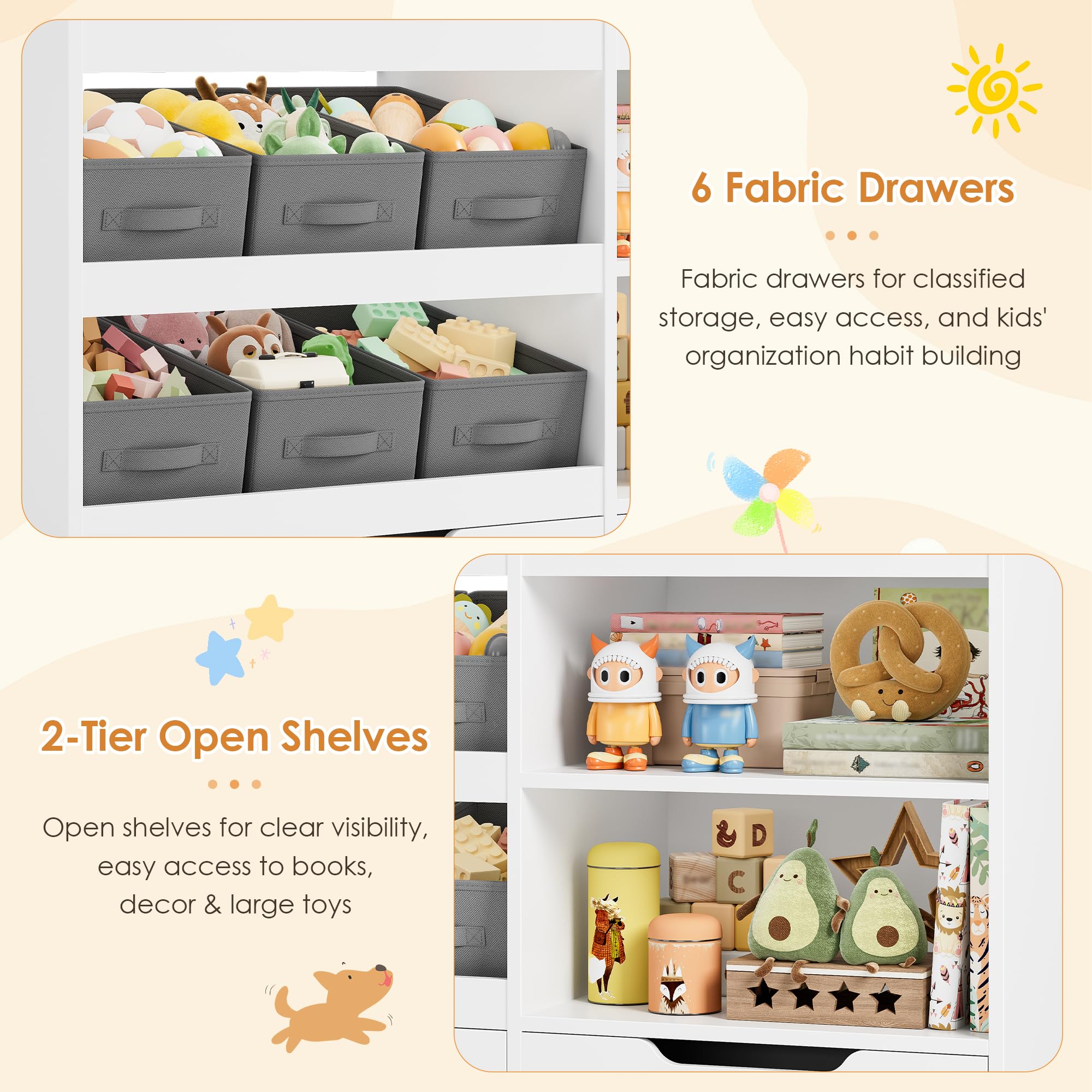 HOCSOK Estantería infantil con estantería para libros con 4 ruedas | Estantería infantil con 6 cajas, estantería para juguetes, habitación infantil, para dormitorio infantil, color blanco
