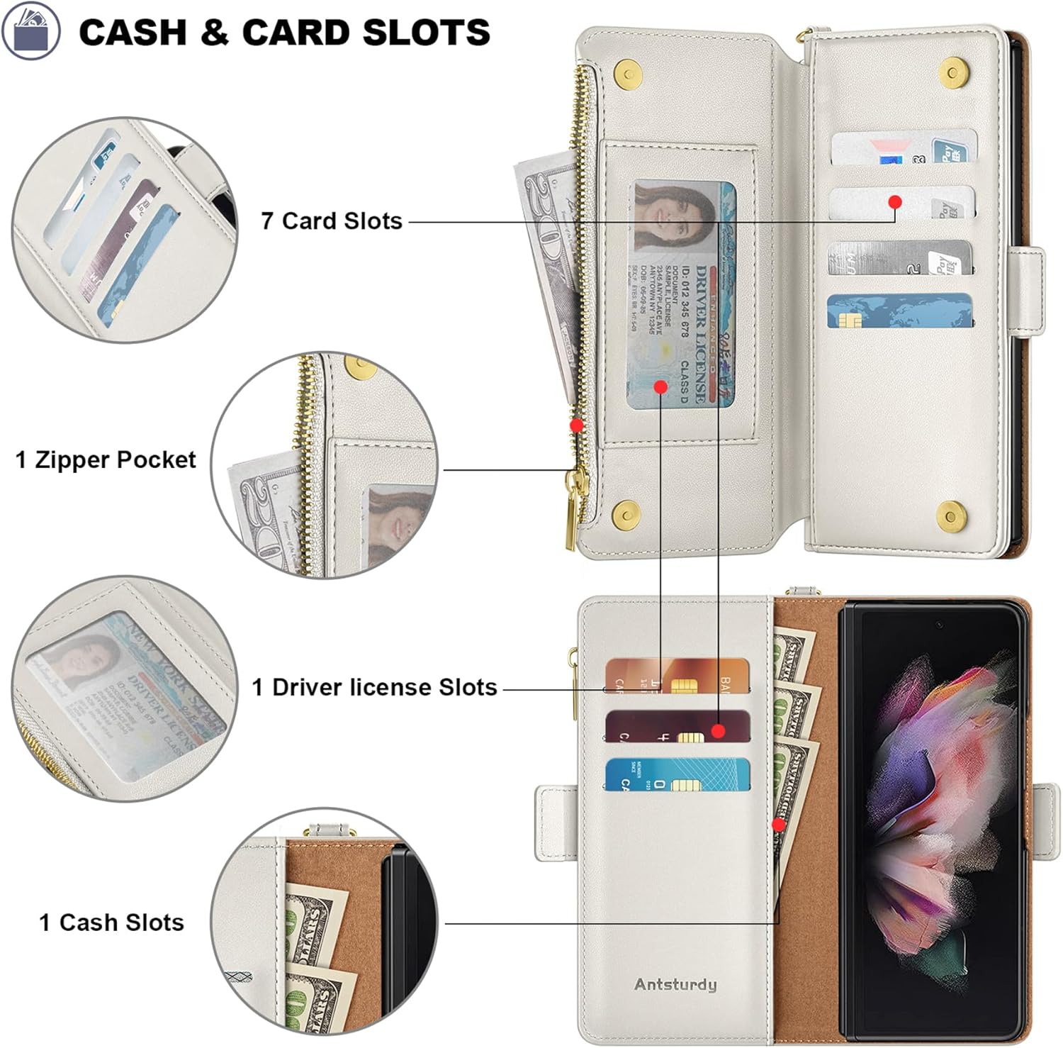 Antsturdy Compatible with Samsung Galaxy Z Fold 3 Case Wallet Women with【S Pen Holder】 Phone Case with Card Holder Strap PU Leather RFID Blocking Flip Protective Cover Credit Slots Men,Beige