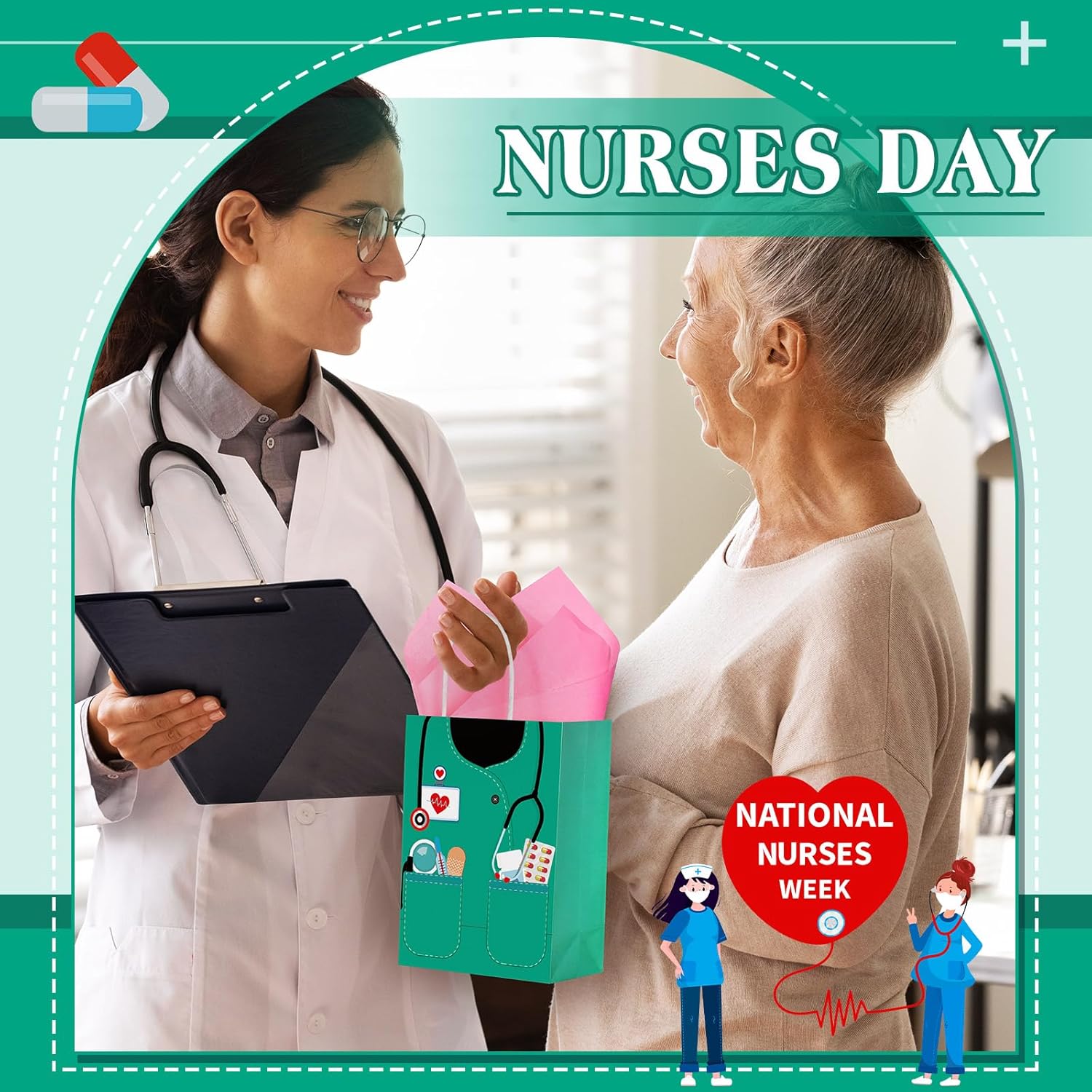 Nezyo 30 Pcs Nurse Gift Bags with 30 Wrapping Tissue Papers Nurses Appreciation Week Gifts Bags Stylish Nurse Appreciation Gifts for Thank Party Memorable Nursing Assistant Graduates Medical (Green)