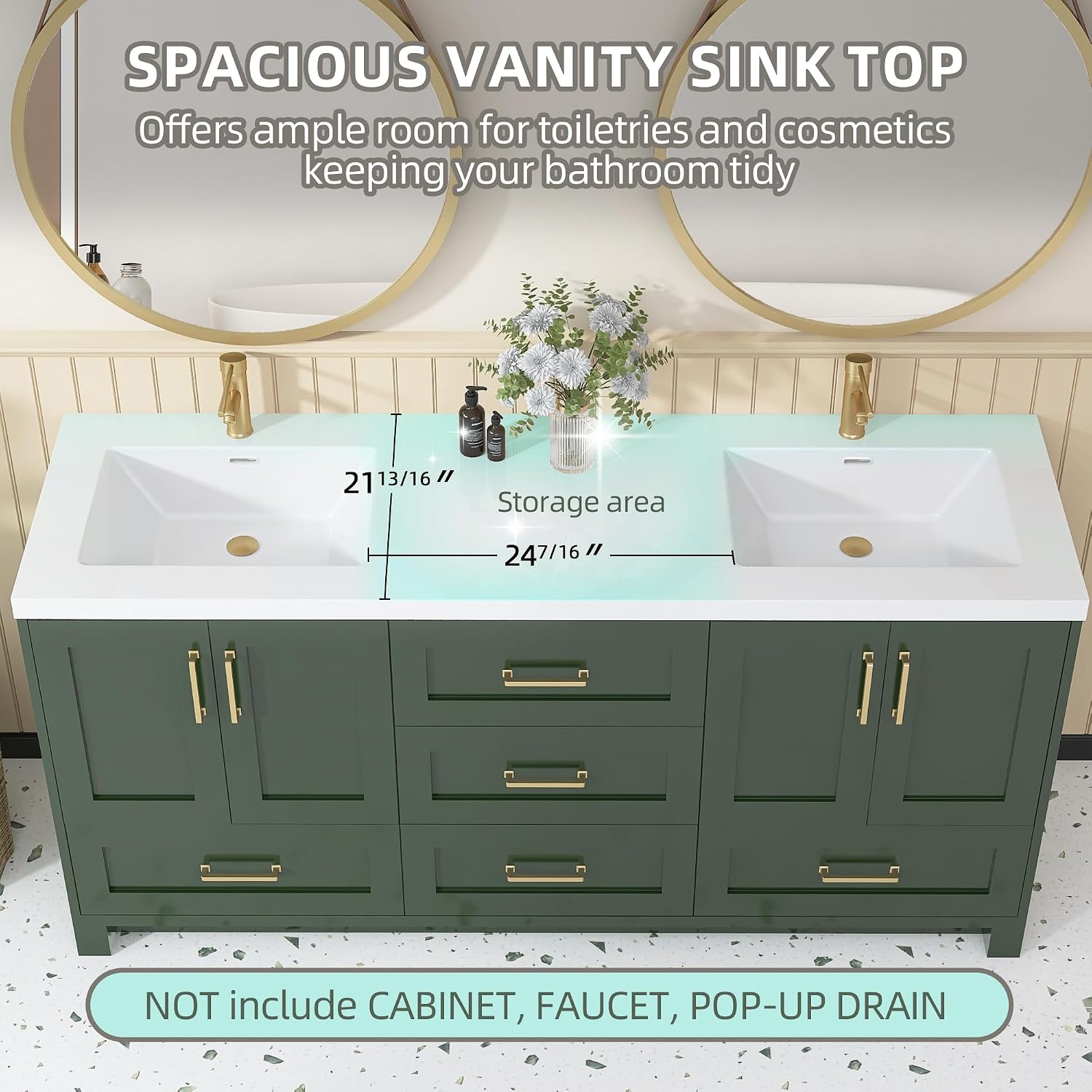 72 x 22 White Vanity Top with Sink Solid Surface Bathroom Vanity Sink Top with Double Sink Integrated Basin and Overflow in Glossy Pure White, Cabinet Not Included