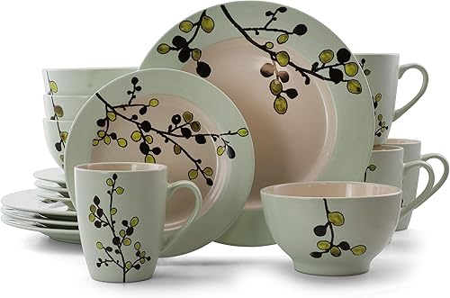 Elama RETROBLOOM Retro Bloom - Vajilla de cerámica de lujo de 16 piezas con ajuste completo para 4, 16 piezas, color verde