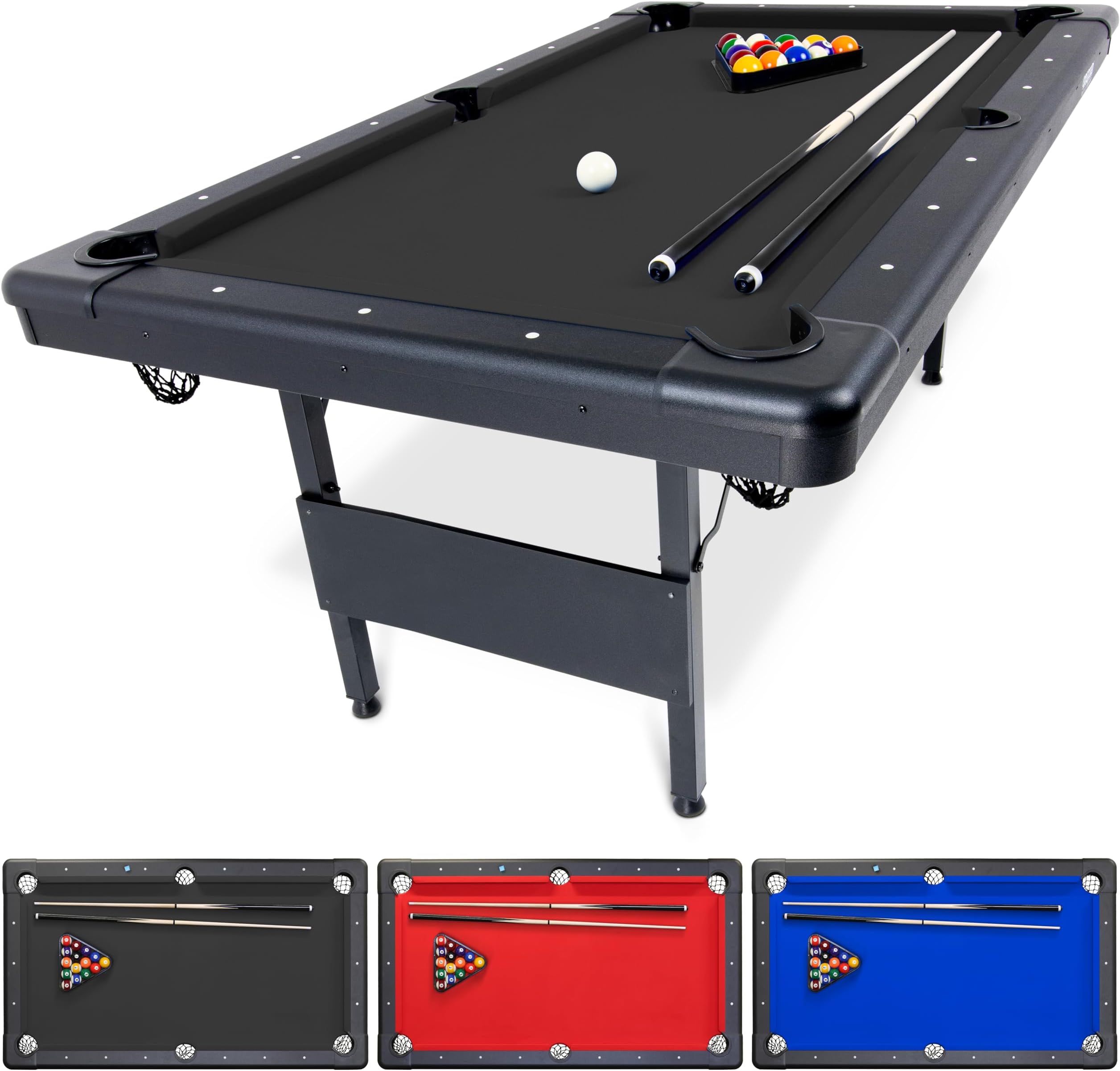 GoSports 6 ft or 7 ft Billiards Table - Portable Pool Table - Includes Full Set of Balls, 2 Cue Sticks, Chalk, and Felt Brush; Choose Your Size and Color