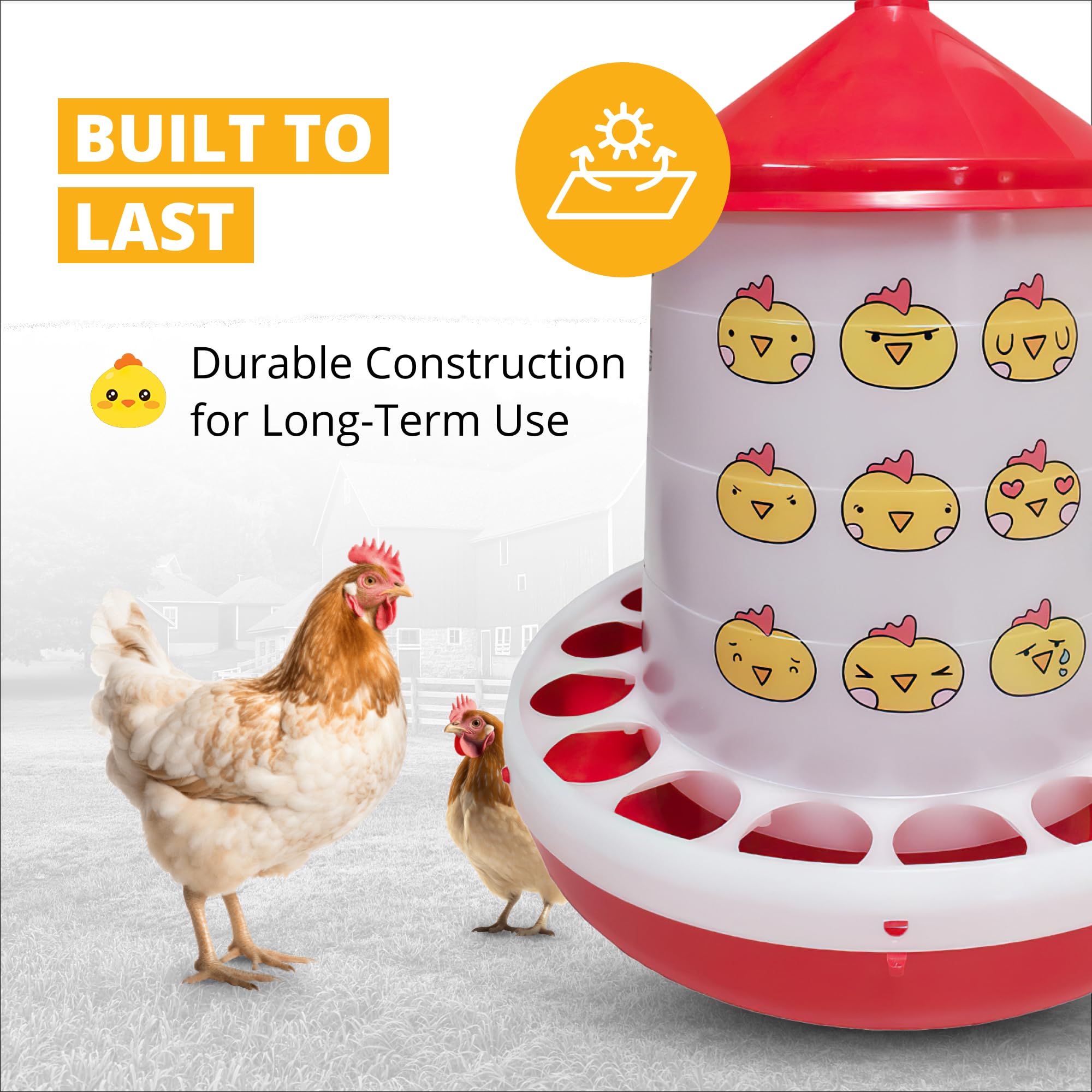 Stromberg's Comedero para aves de corral de emoji de pollo, 9 libras, plástico translúcido, fácil monitoreo del nivel de alimentos, diseño duradero, tapa extraíble, divertida configuración de aves de