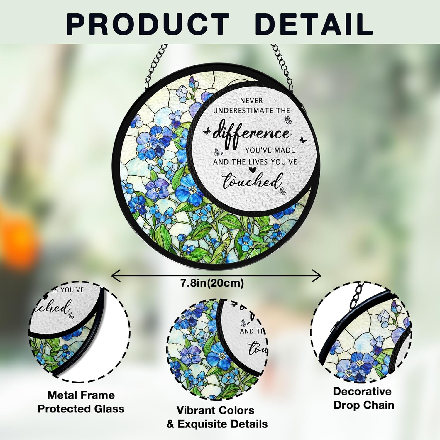 Difference Maker Gift Stained Glass Window Hanging, Thank You Appreciation Gifts, Blue Forget Me Not Flower Suncatchers Sun Catchers Indoor Window Glass Wall Art Decorations, 7.9x7.9in