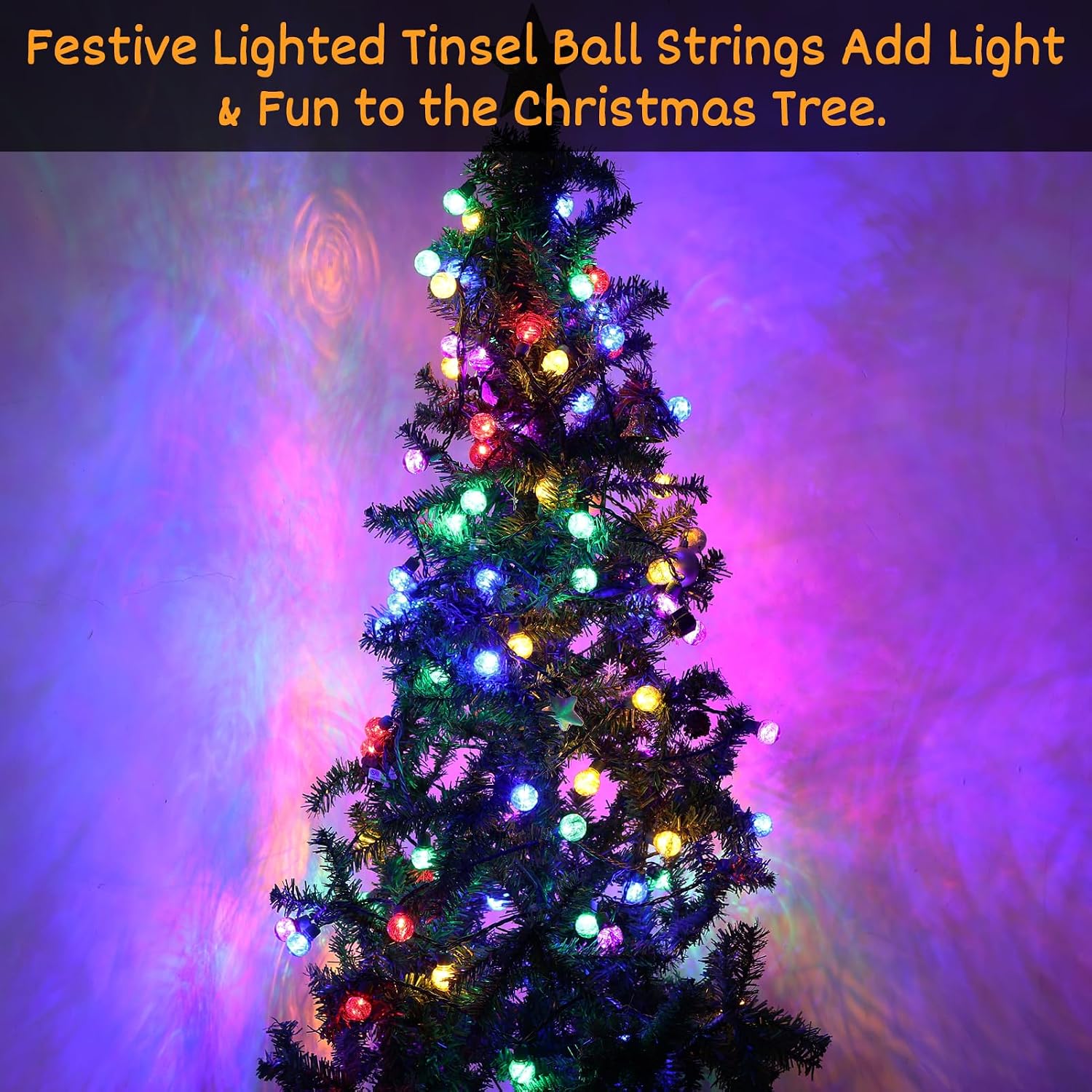 Brillarlights Christmas Multicolor Round Tinsel Globe Lights, 17FT 25 LED Fairy String Lights, Colorful G30 Bulbs Shiny Tinsel for Indoor Outdoor Xmas Tree Patio Deck Garden Party Decorations