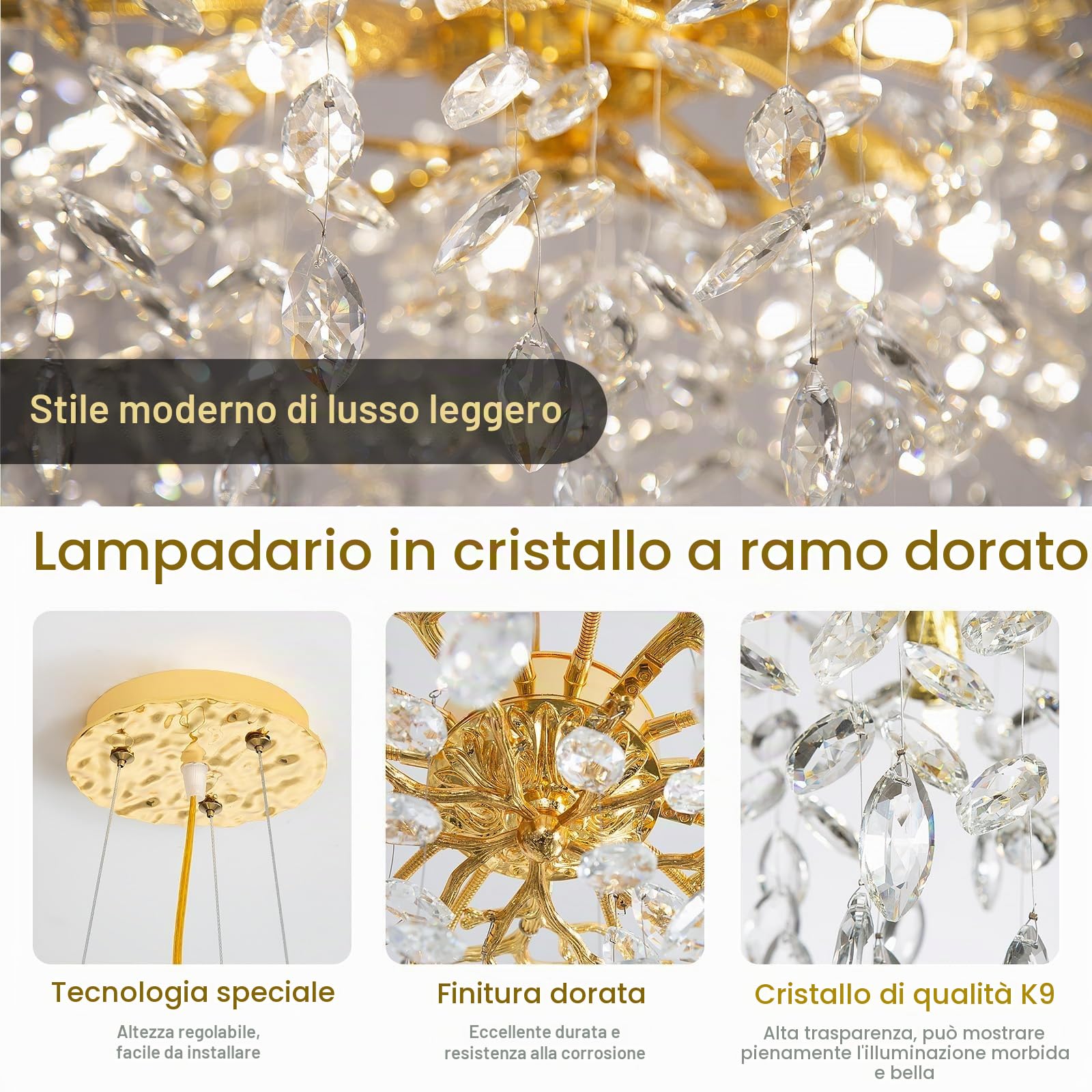 Lampadario Sala Da Pranzo Di K9 Cristallo Moderni,Lampadario Soggiorno Forma di Ramo Dorato,Rotondo Lampada A Sospensione Di 10 Luci Per Cucina Salotto Camera Da Letto(D60 Cm)