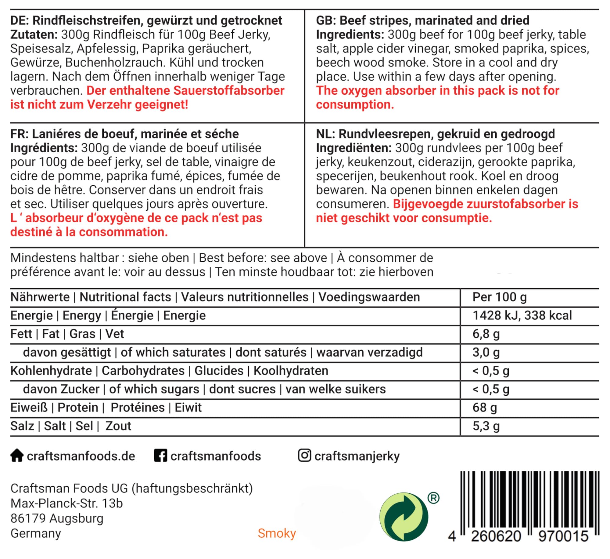 Craftsman Beef Jerky Smoky 500g | Ohne Zucker | Aus Deutschland - Bayern | Jerky Beef Set 10 x 50g | 100% Rindfleisch | High Protein 68% | Dörrfleisch/Trockenfleisch Smoky | 100% Natürlich