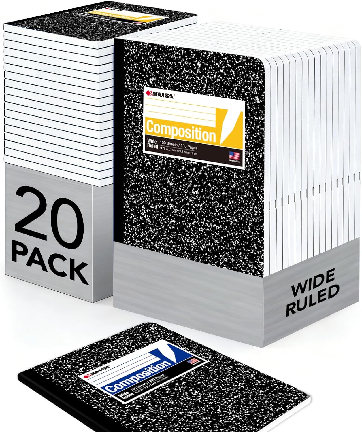 KAISA Composition Notebooks 100Sheets Comp Book,Wide Ruled 9.75x7.5inch, Classic Marble Composition Books, Carton of 20pads, C10001W