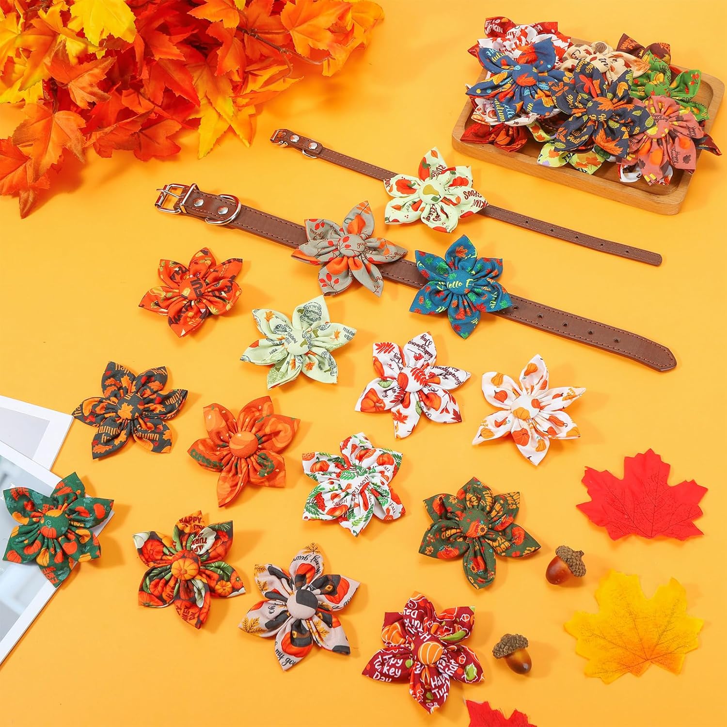 Silkfly 120 Pcs Fall Dog Collar Flowers Bulk Thanksgiving Pet Flower Collar Bow Ties Holiday Pet Accessories Charms Slide Attachment for Small Medium Large Dog Cat Puppy Bow Grooming Supplies(Pumpkin)