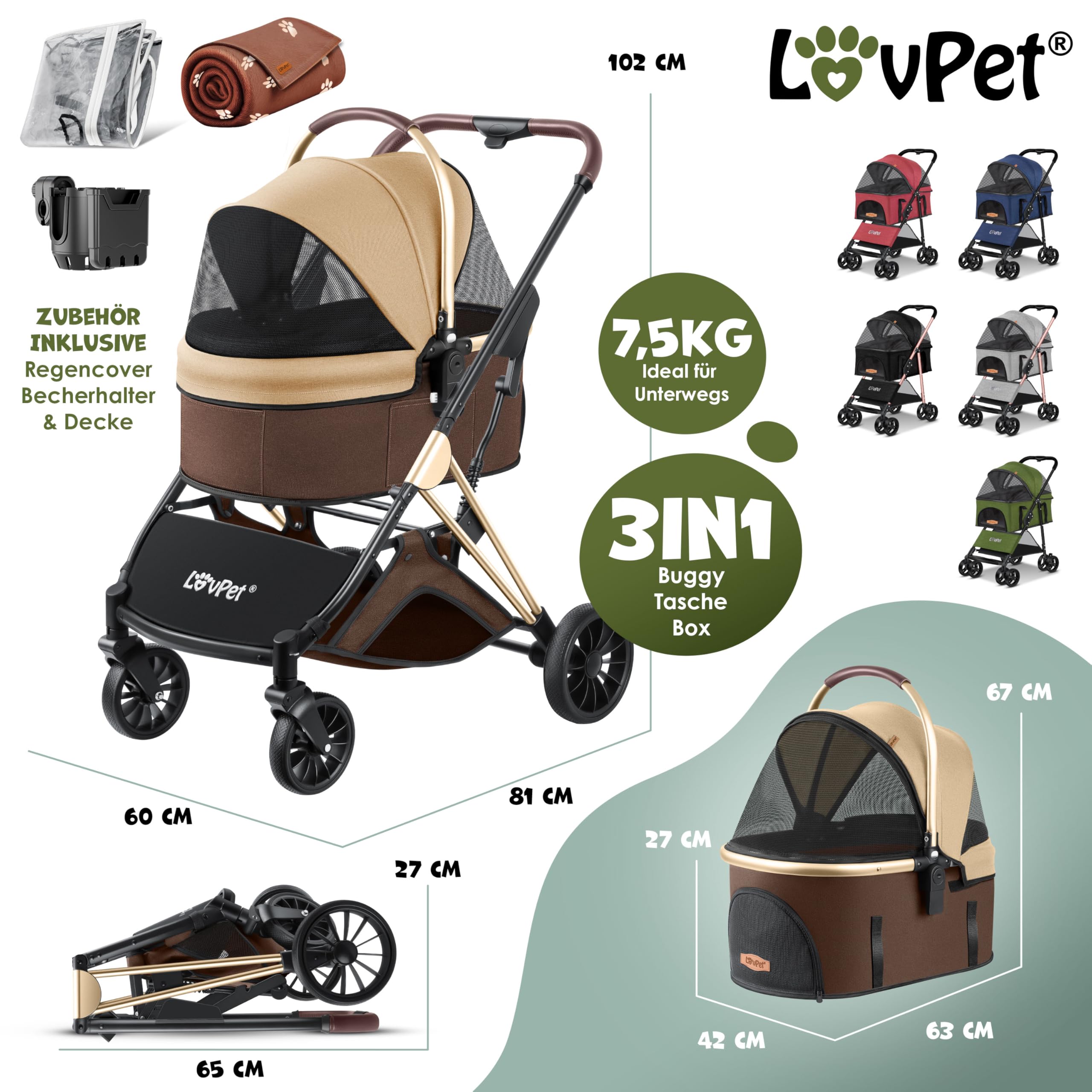 LOVPET® Cochecito para Perros y Gatos 3en1 Carrito Plegable | Transporte Bolsa 360° Ruedas Grandes | Transportín para Mascotas, Red & Cubierta para la lluvia, Jogger