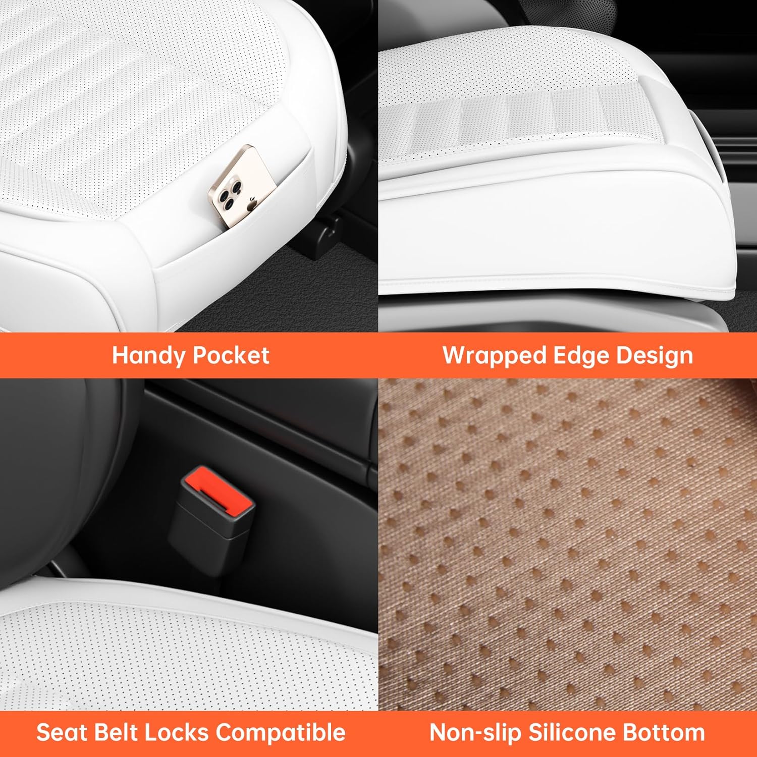 2 Pack Car Bottom Seat Covers, Luxury Leather Front Seat Covers, Breathable and Waterproof Automotive Bottom Seat Covers, Universal Anti-Slip Seat Covers Fit for Most Vehicles (White-2 PCS)