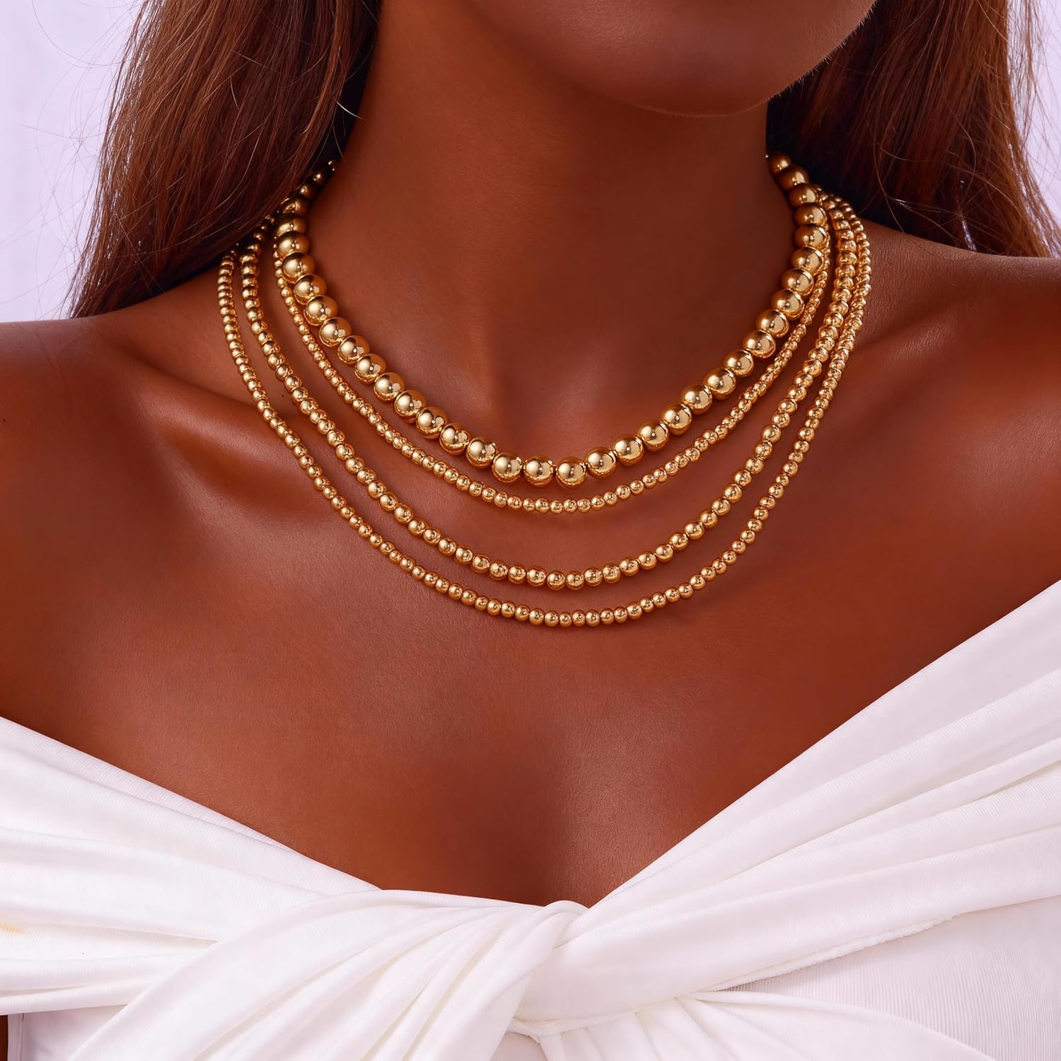 Gold Beaded Necklaces for Women Gold Silver Layered Beaded Necklace Set Punk Hip Hop Chunky Stacking Bead Ball Chain Collar Choker Necklace for Women - Image 2