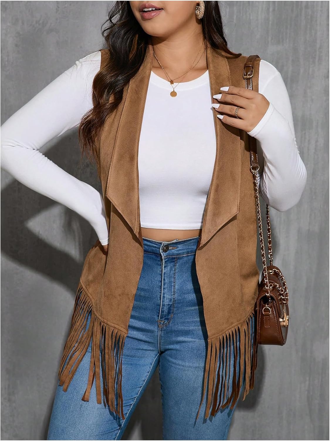 Women's Plus Size Fringe Suede Vest 70s Hippie Faux Western Jacket Tassel Sleeveless Cardigan - Image 5