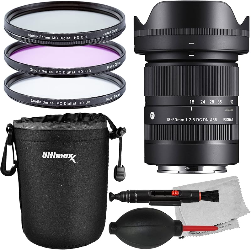 Sigma 18-50mm f/2.8 DC DN Contemporary Lens for Sony E + Manufacturer’s Accessories, 3PC Multi-Coated Digital HD UV Filter Kit (UV, CPL, FLD), Water Resistant Padded Lens Pouch & More (12pc Bundle)