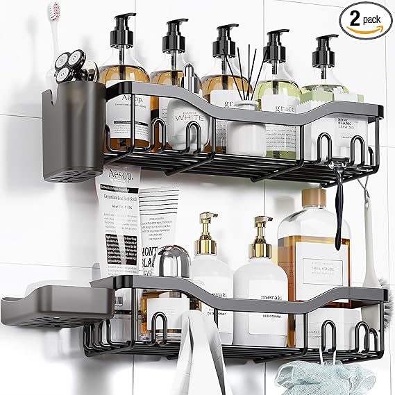 Shower Caddy Adhesive Shower Organizer Bathroom Shower Shelves, Wall Shelf for Inside Shower Storage with Soap Dish&16 Hooks, Rustproof Stainless Steel No Drilling Rack Home Decor 2 Pack Large