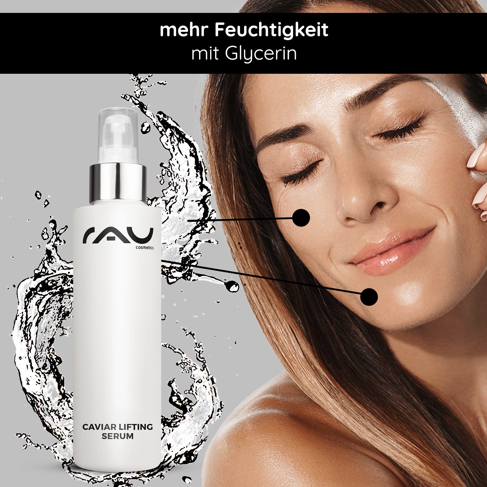 RAU Cosmetics Caviar Lifting Serum 100ml - Anti-Aging Gesichtsserum mit Argireline & Kaviarextrakt - Straffendes Peptid-Serum für Reife Haut - Feuchtigkeitsspendend mit Panthenol - Made in Germany