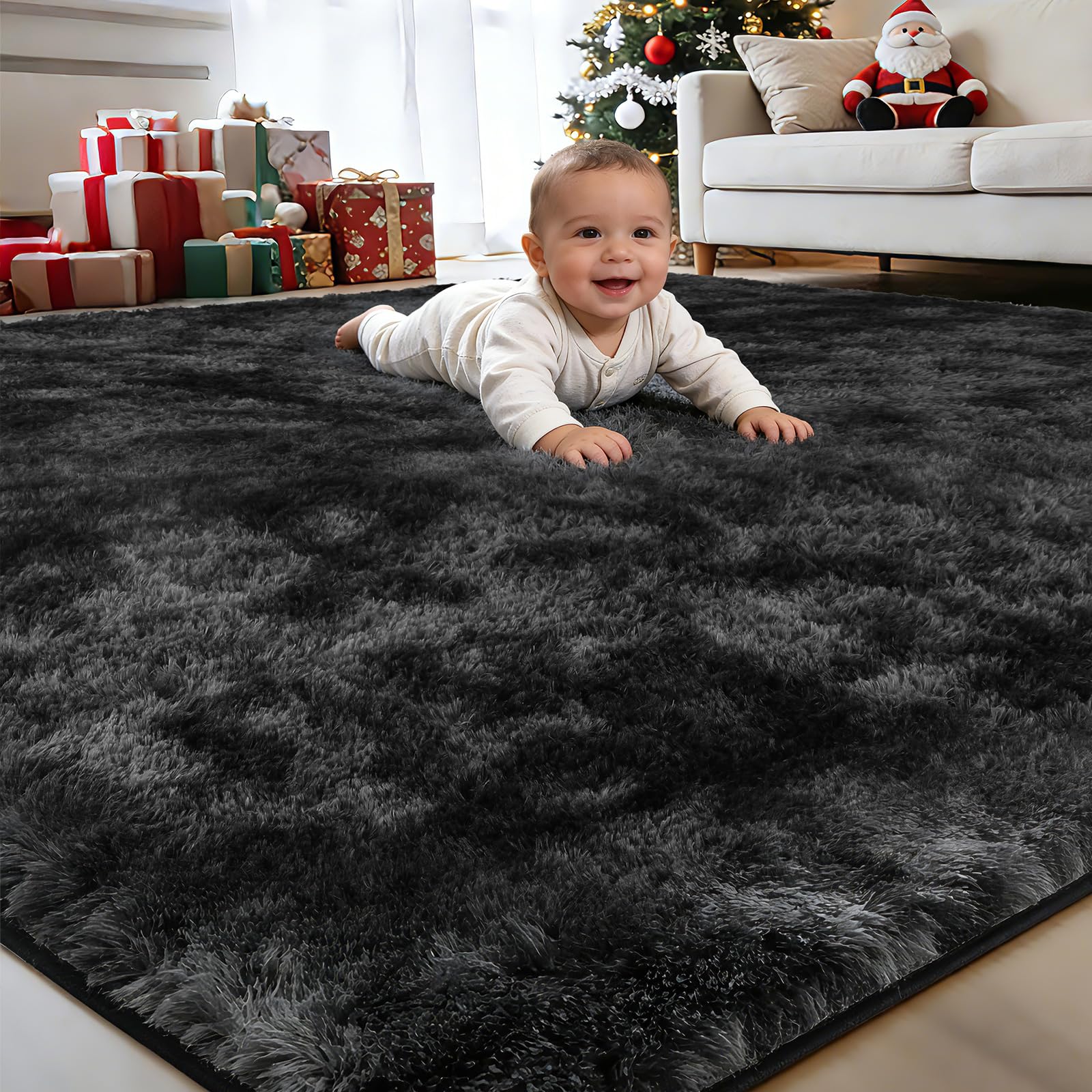 BEHOMHAZQ Rugs Living Room 160x230cm : Grey Black Large Area Rug for Living Room - Ultra Soft Fluffy Shaggy Rugs for Bedroom - Indoor Nursery Floor Carpets for Kids Room Home Decor, Anti-Slip Backing