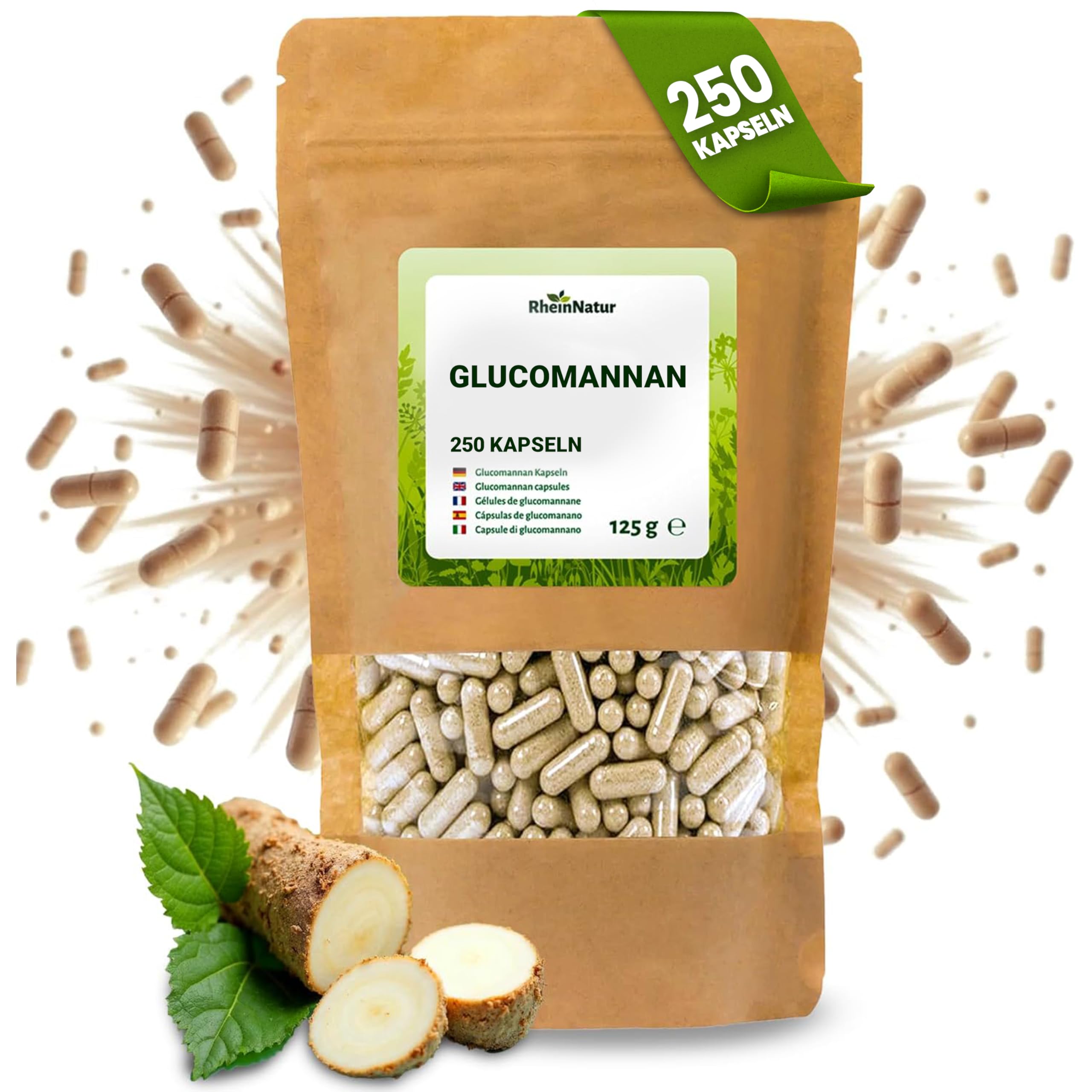 RheinNatur Glucomannan Kapseln 250 Stück - Natürlicher Ballaststoff aus der Konjak-Wurzel - Vegan