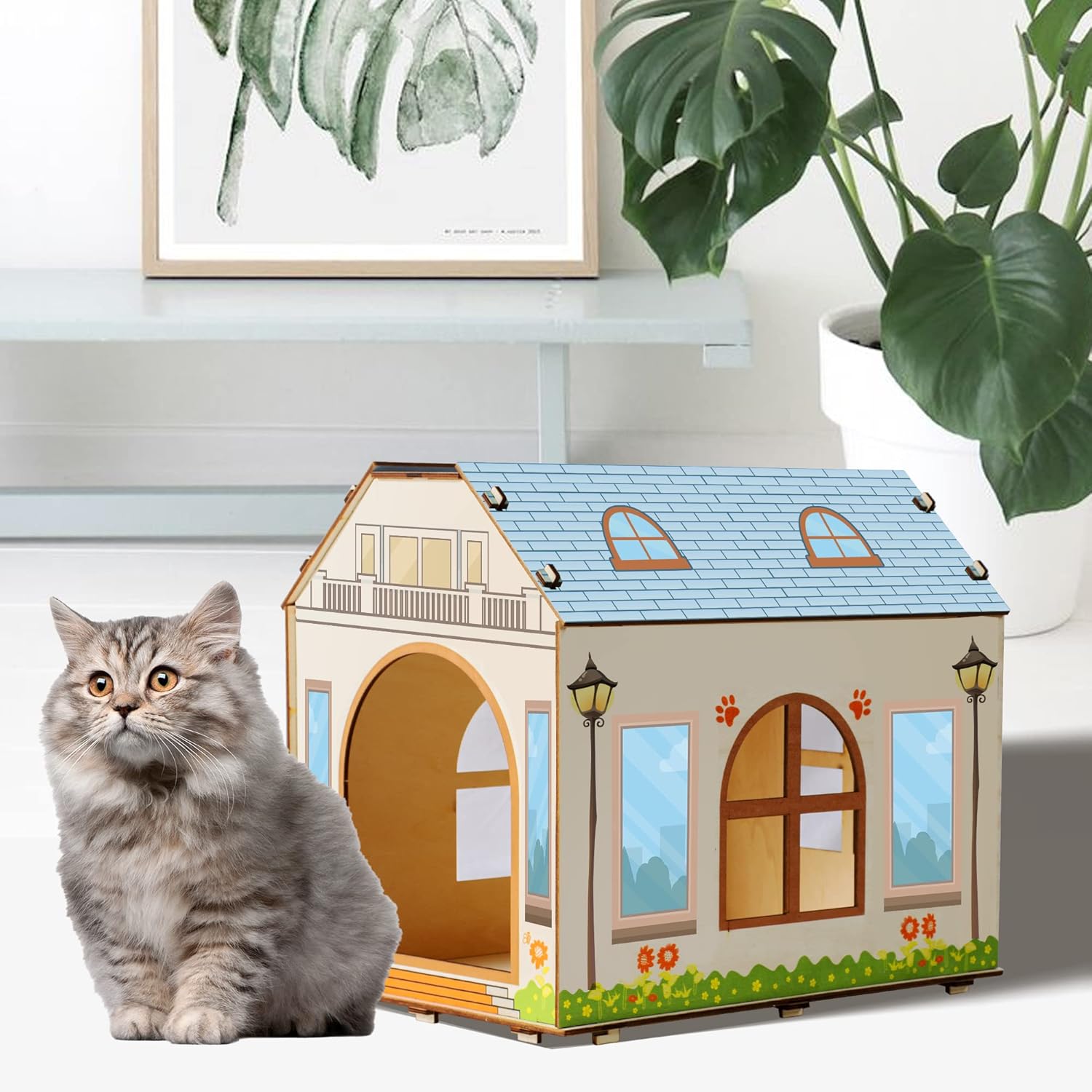 Villa-Shaped Cat House with Windows Removable Cat Shelter Large Indoor Storage Cat House for Kittens and Adult Cats, for Your Cat (Blue, 16 x 8 x 14 inches) : Pet Supplies