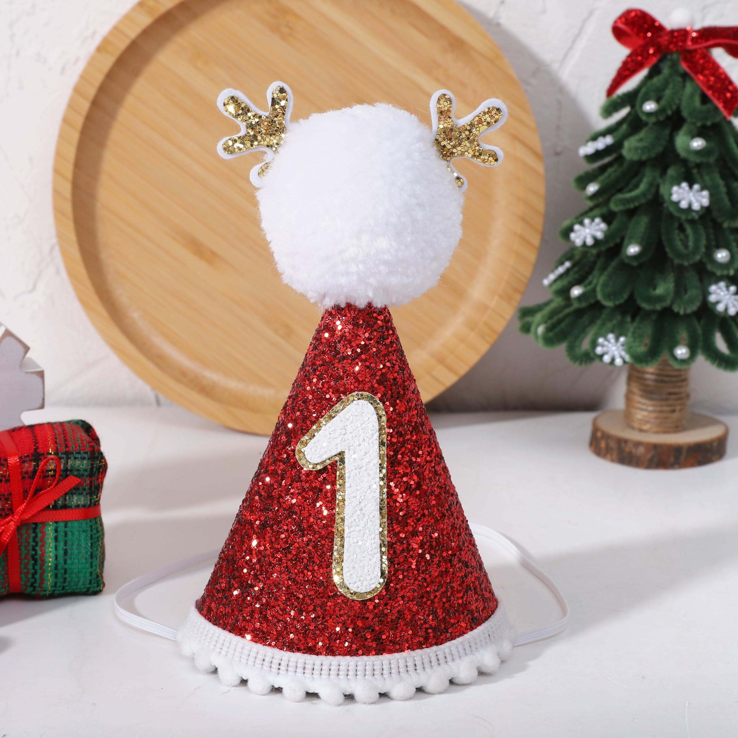 Agkvw Christmas Red Reindeer 1st Birthday Hat - My 1st Christmas Birthday Hat, Christmas 1st Birthday Decoration for Kids, New Year Party Hat, Cake Smash Props