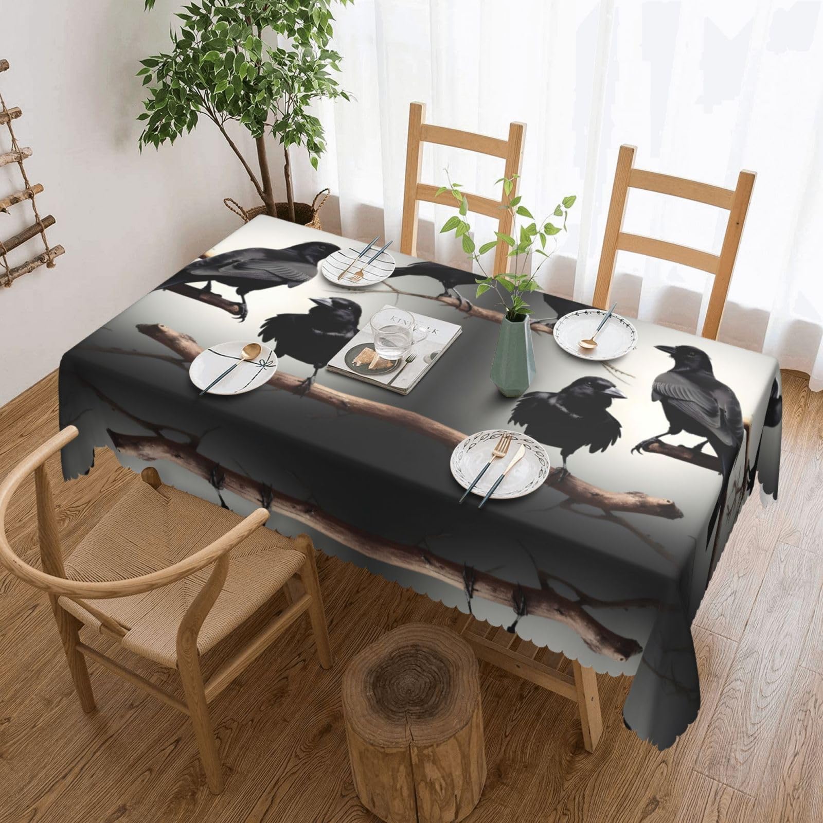 Nappe imprimé corbeau noir sur une branche en tissu lavable