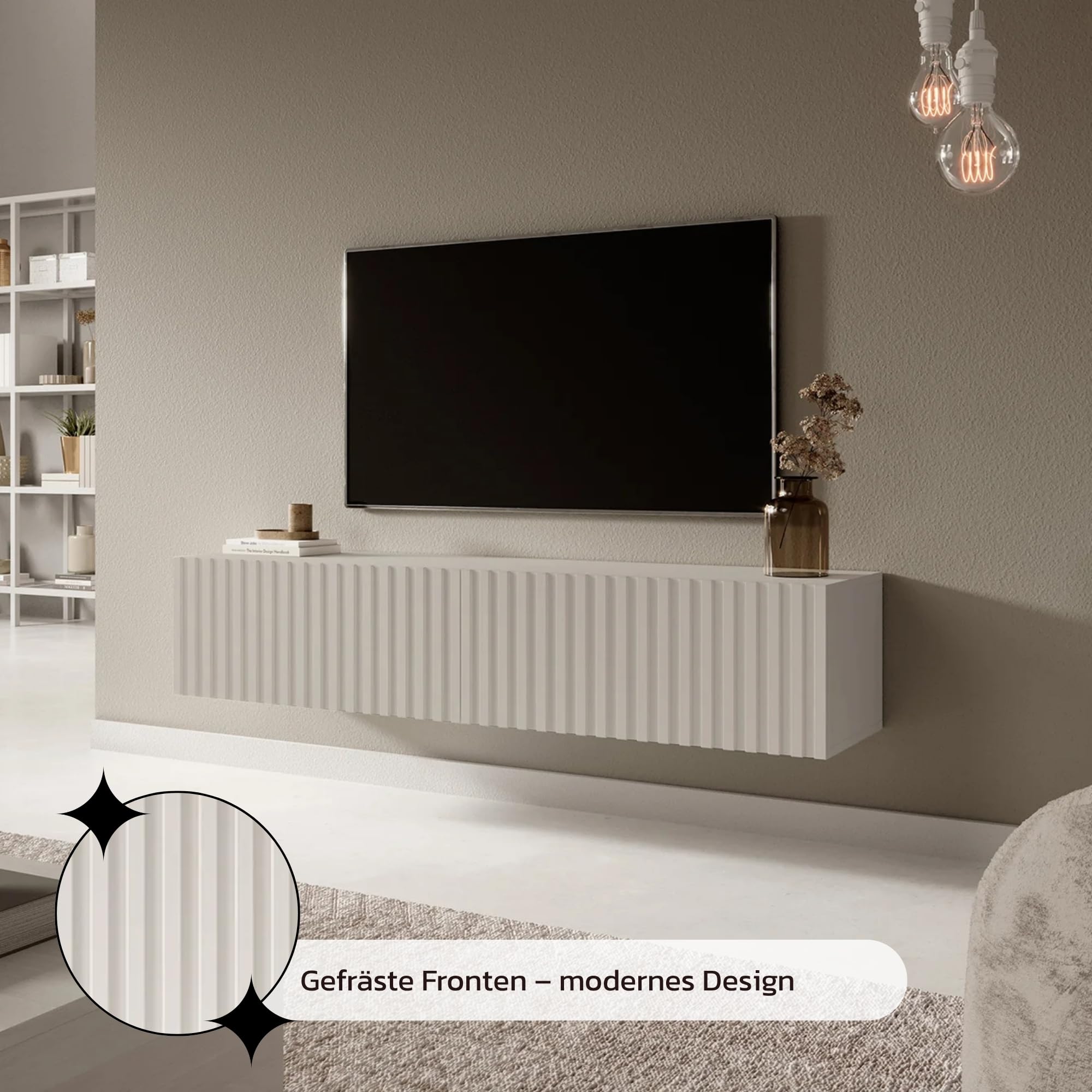 Selsey TV Schrank Board Sideboard Fernsehtisch Fernsehschrank 138,6 cm Hängend Graubeige Mit Lamellierter Front Telire