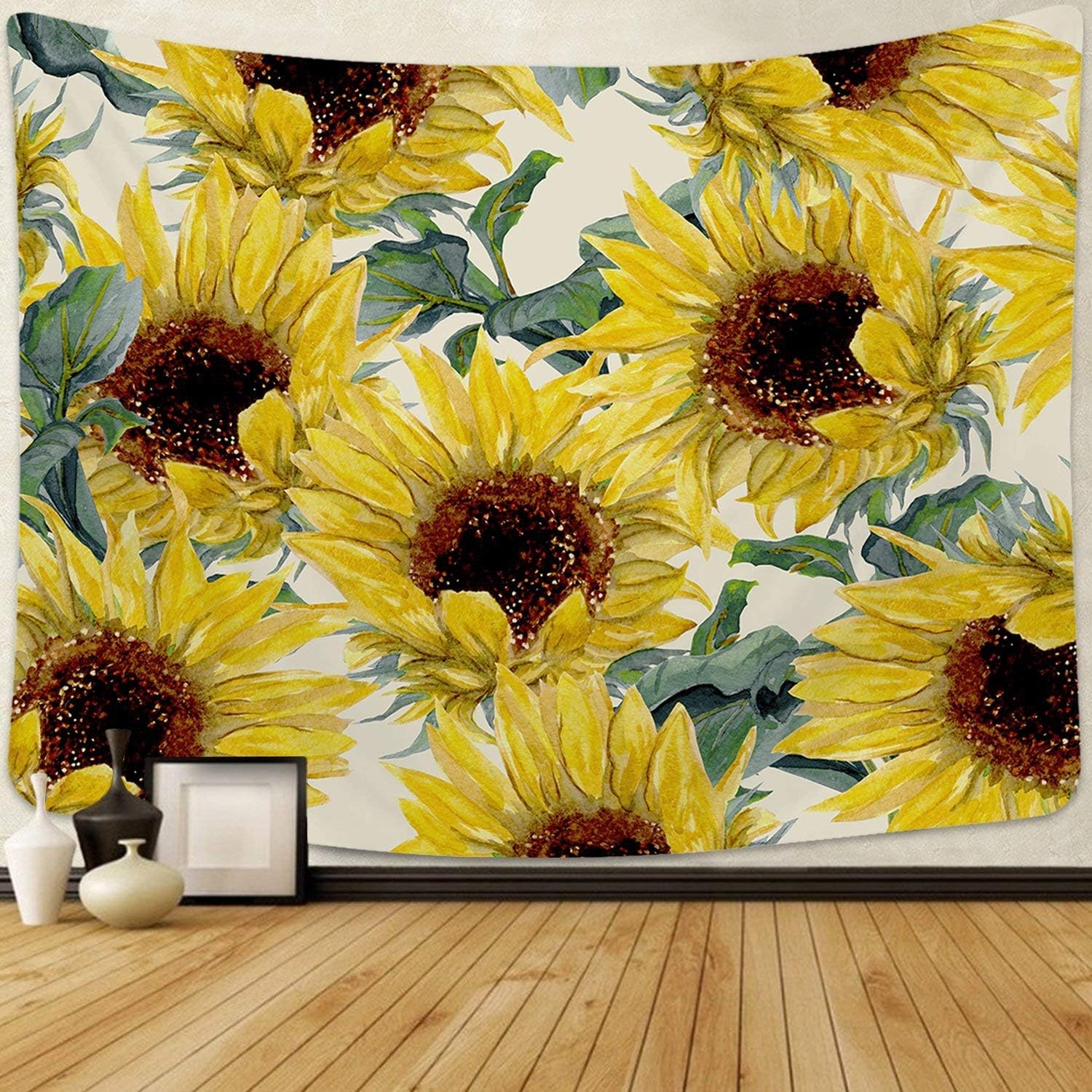 Smurfs Yingda Sunflowers Tapestry Wall Hanging Sunflower Plant Printed Tapestry Watercolor Flower Tapestry for Bedroom Living Room Dorm Room (Sunflowers, 70.9 x 92.5 inches)
