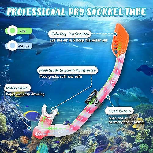 Miniatura 3 de Equipo de esnórquel para niños de 3 a 14 años, juego de aletas de máscara 4 en 1 con vista panorámica, máscara antivaho con parte superior seca,
