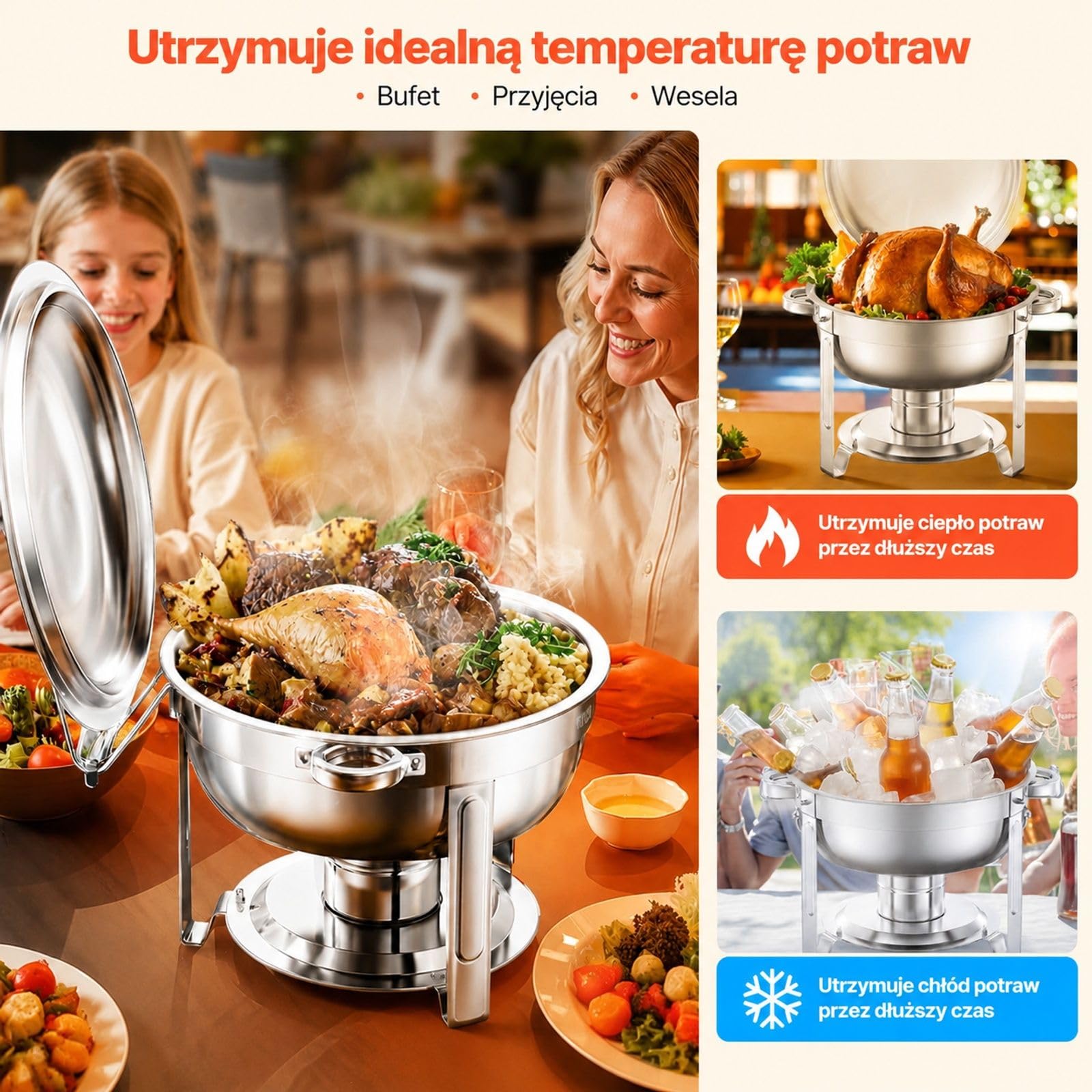 Zestaw podgrzewaczy cateringowych, 2 sztuki, okrągłe naczynia ze stali nierdzewnej 4,7 l, srebrne, z pokrywką, uchwytem na paliwo i miską na wodę
