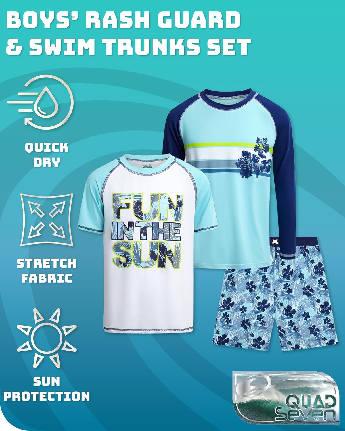 Quad Seven Boys Swim Set - 3 Piece Swim Trunks Short Sleeve & Long Sleeve Rash Guard for Boys Kids Swimwear (Sizes: 5-12)