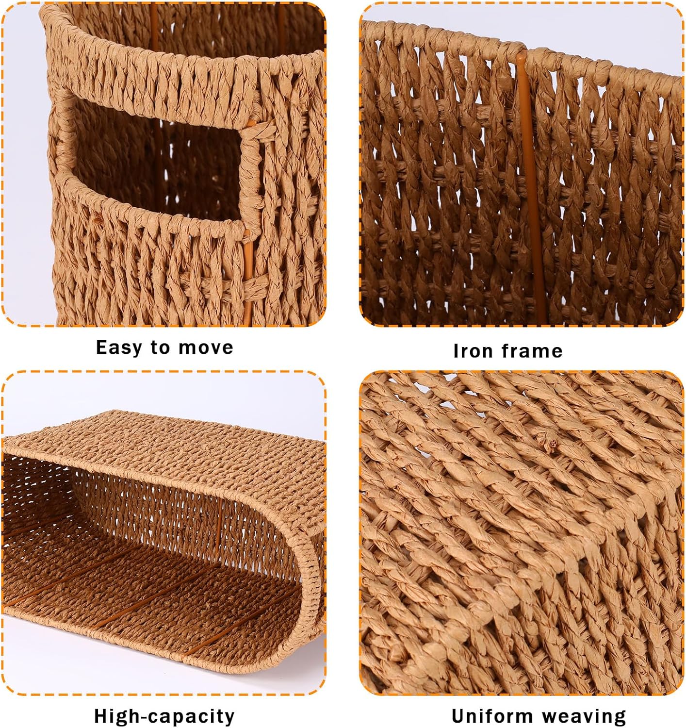 Toilet Paper Holder, Paper Towel Organizer, Wicker Storage Basket with Handles, Bathroom Decor and Accessories, Holds Up to 6 Mega Rolls - Image 6