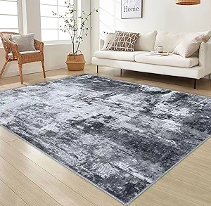 KOZYFLY Modern Abstract Area Rug 5x7 Gray Washable Large Living Room Thin Rugs Bedroom Non Skid Carpet with Faux Wool Soft Low Pile for Dining Room Living Room Office Dorm Kitchen Table Apartment