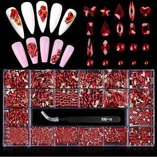3100Pcs Red Rhinestones for Nails EBANKU Nail Art Rhinestones Kit Red Nail Crystal Rhinestones Mixed Shape Nail Gems Jewels with Rhinestone Picker Dotting Pen Tweezers for DIY Nail Art Craft