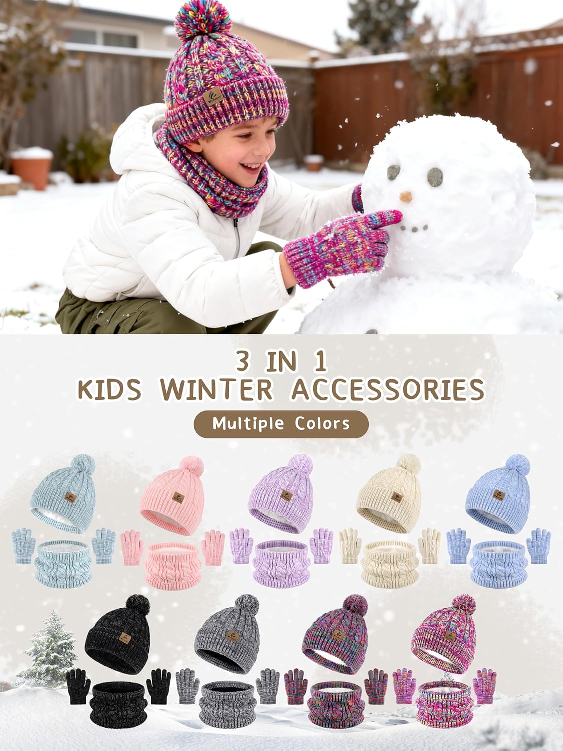 Kids Winter Hat Gloves Scarf Set Toddler Winter Beanie with Pom Knit Neck Warmer Fleece Lined Gloves for Boys Girls - Image 6