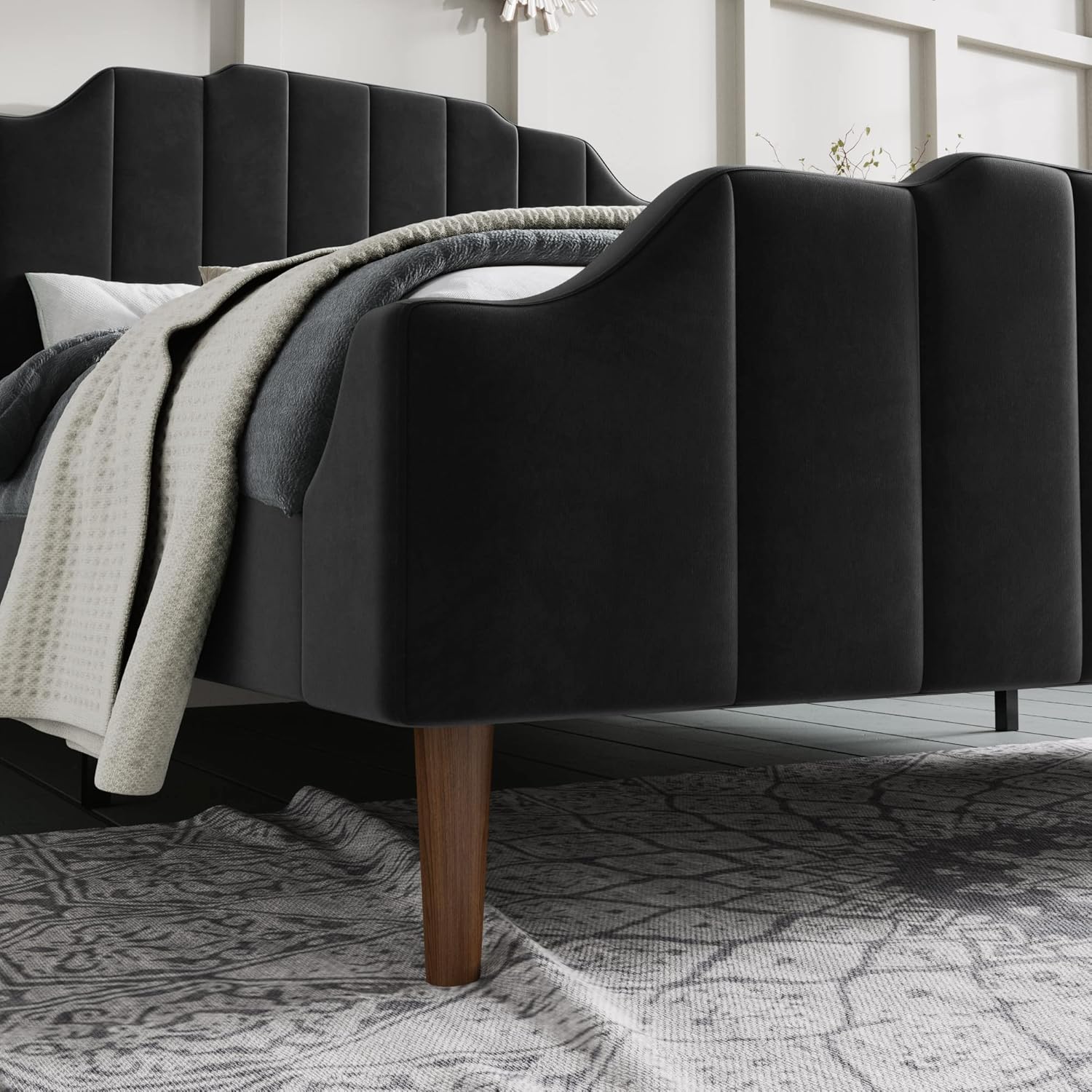 SHA CERLIN Upholstered Queen Size Bed Frame with Modern Curved Velvet Wingback Headboard, Heavy Duty Wood Platform Bed with Strong Wood Slat Support, No Box Spring Needed, Black