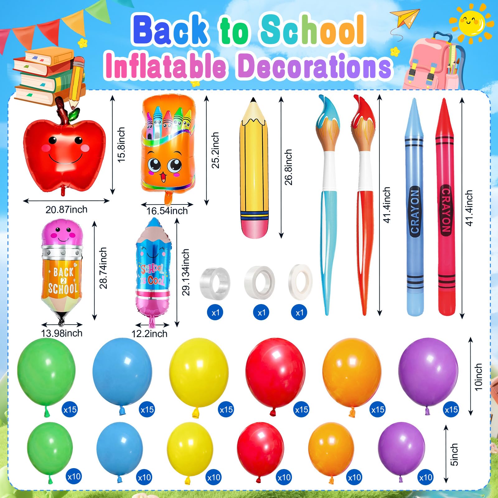 Kit de arco de guirnalda de globos para el regreso a la escuela, 168 piezas, con telón de fondo, globos arcoíris, globos de aluminio, cajas de autobús ABC, decoración de crayones inflables para