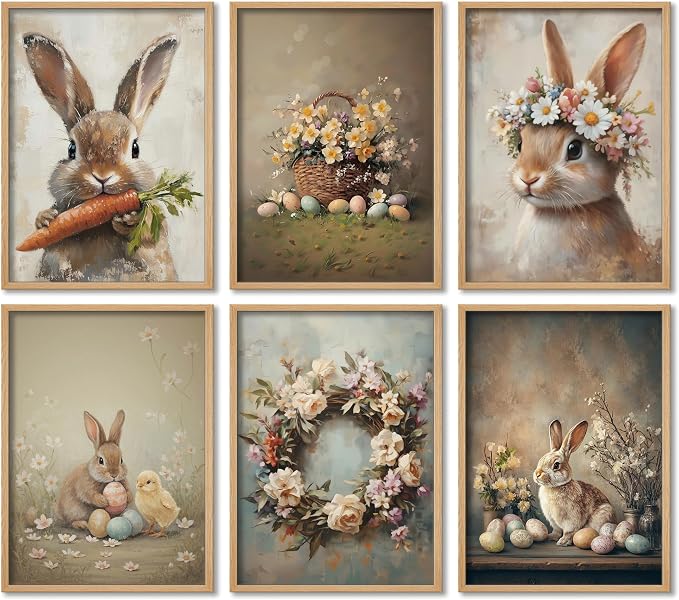 Amazon.com: KYSNGMT Vintage Easter Bunny Wall Art Prints Set of 6 ...