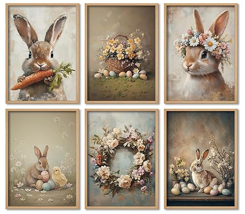 6PCS Vintage Easter Bunny Canvas Wall Art Spring Floral Rabbit