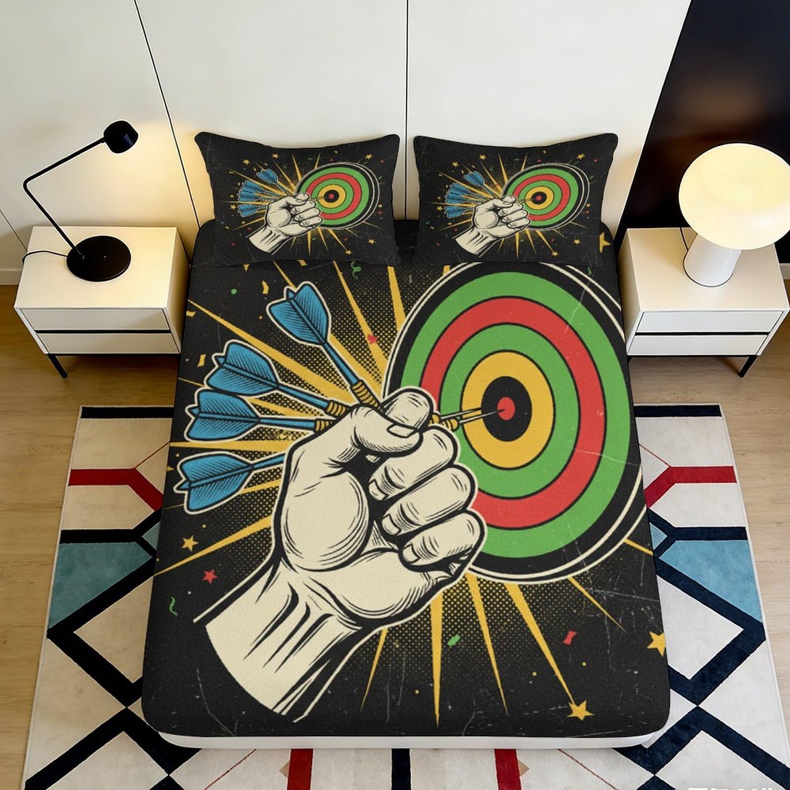 3D Printed Dartboard Target Fitted Sheet Microfiber Soft Breathable Retro Game Bed Cover for Bedroom Dormitory Guest Room Mattress Protection Decor 90x200x25cm