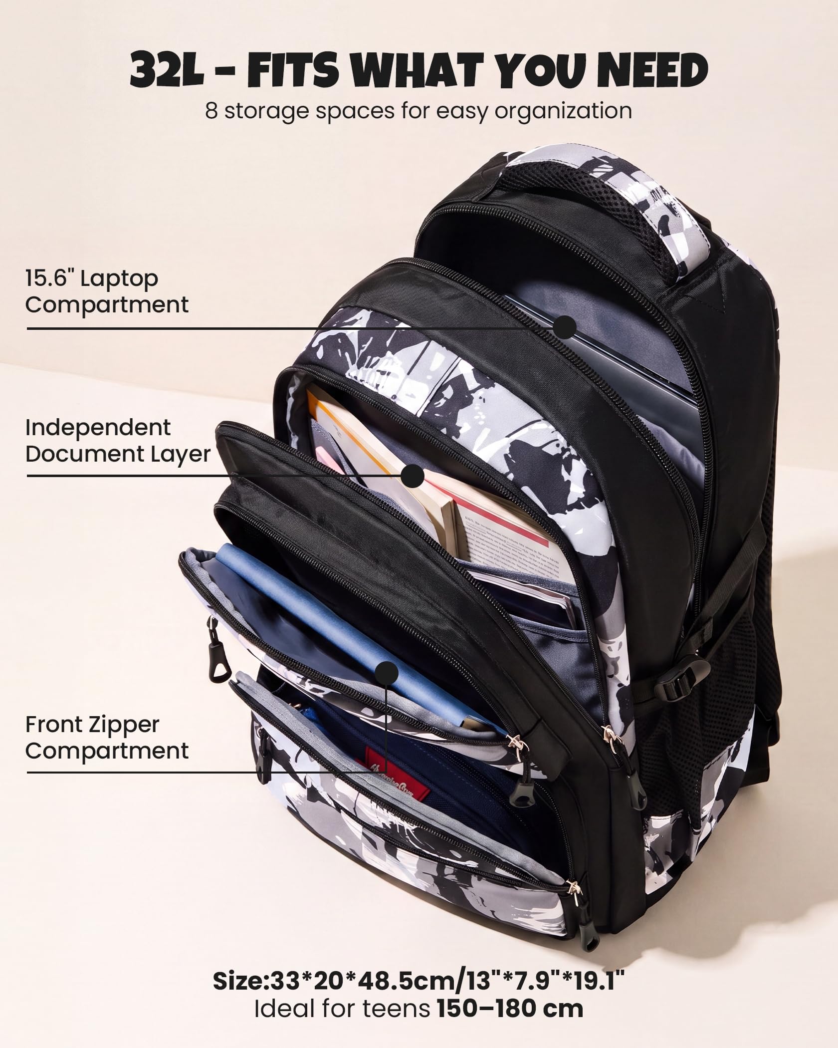 Amythe Zaino Trolley Scuola Media e Superiore, 40L Zaino con 6 Ruote per Ragazzo Adolescenti 10-24 anni, Zainetto Casual con Rotelle per Viaggi, Staccabile e Impermeabile -Nero
