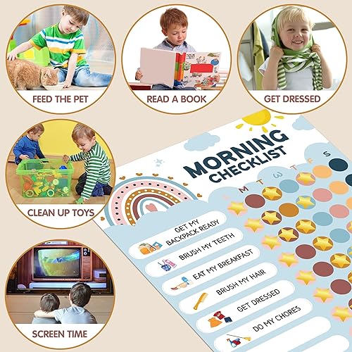 Miniatura 4 de 154 piezas de tabla de rutina bohemia para la hora de acostarse para niños pequeños, tabla magnética de horario visual diario en casa, borrado en