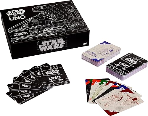 Mattel Games UNO Star Wars - Juego de cartas de esquemas técnicos para niños y adultos con planos de estaciones espaciales, barcos y droides