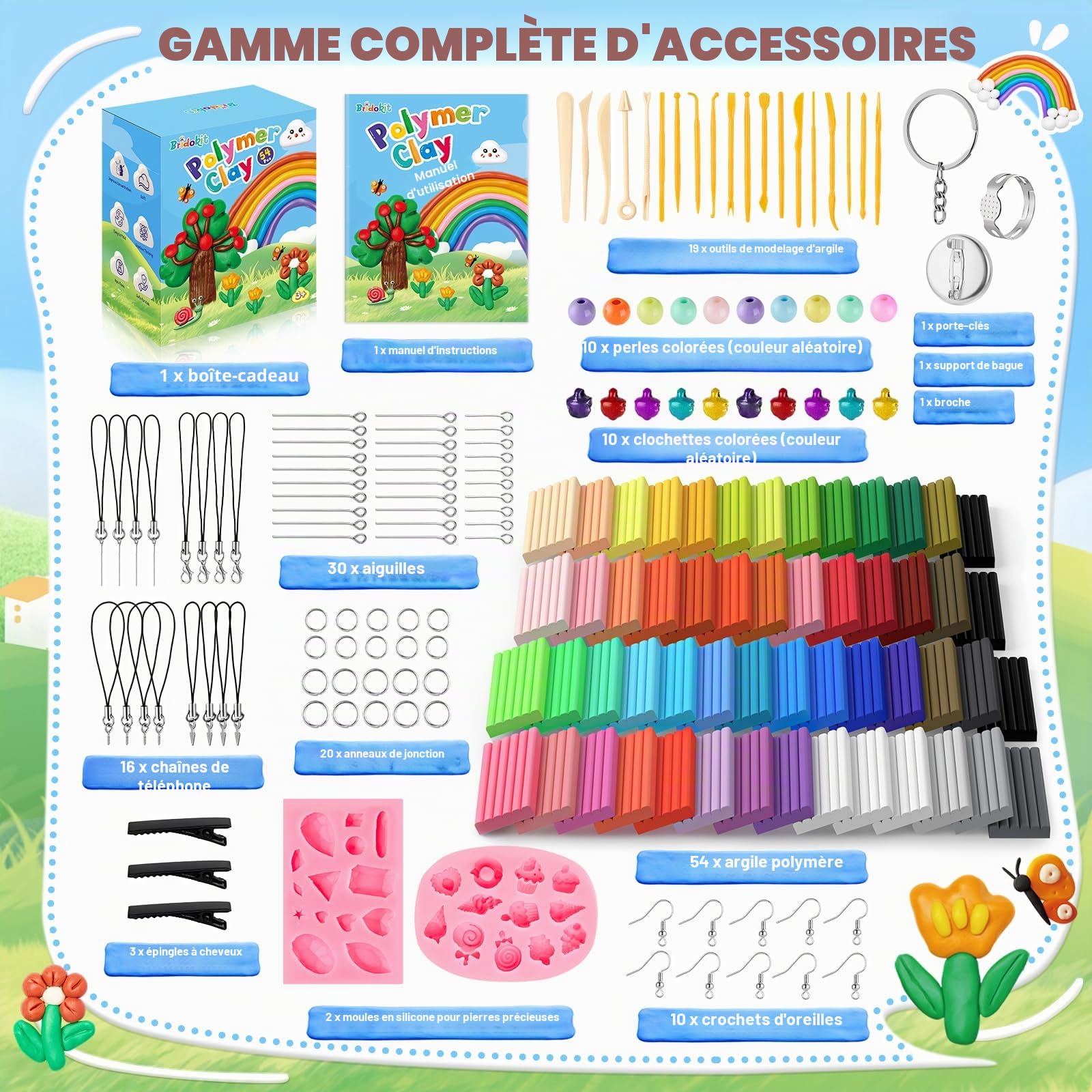 Bridokit 54 Pcs Pate Polymere, Cuisson Argile Polymère, Pâte Polymère pour Enfants avec 19 Outils de Modélisation et 2 Moules en Silicone, Cadeau de Noël pour Enfant