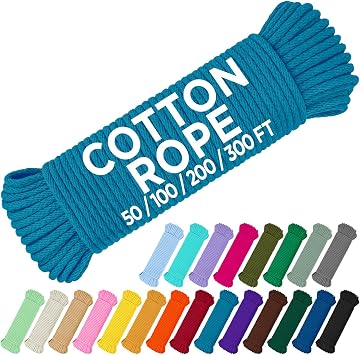 TECEUM Cotton Rope 3/16 5 mm 100 FT Strong All-Purpose Braided Rope Natural Cotton for Crafting, amping, Clothes Line, DIY, Indoor & Outdoor Use Sky Blue