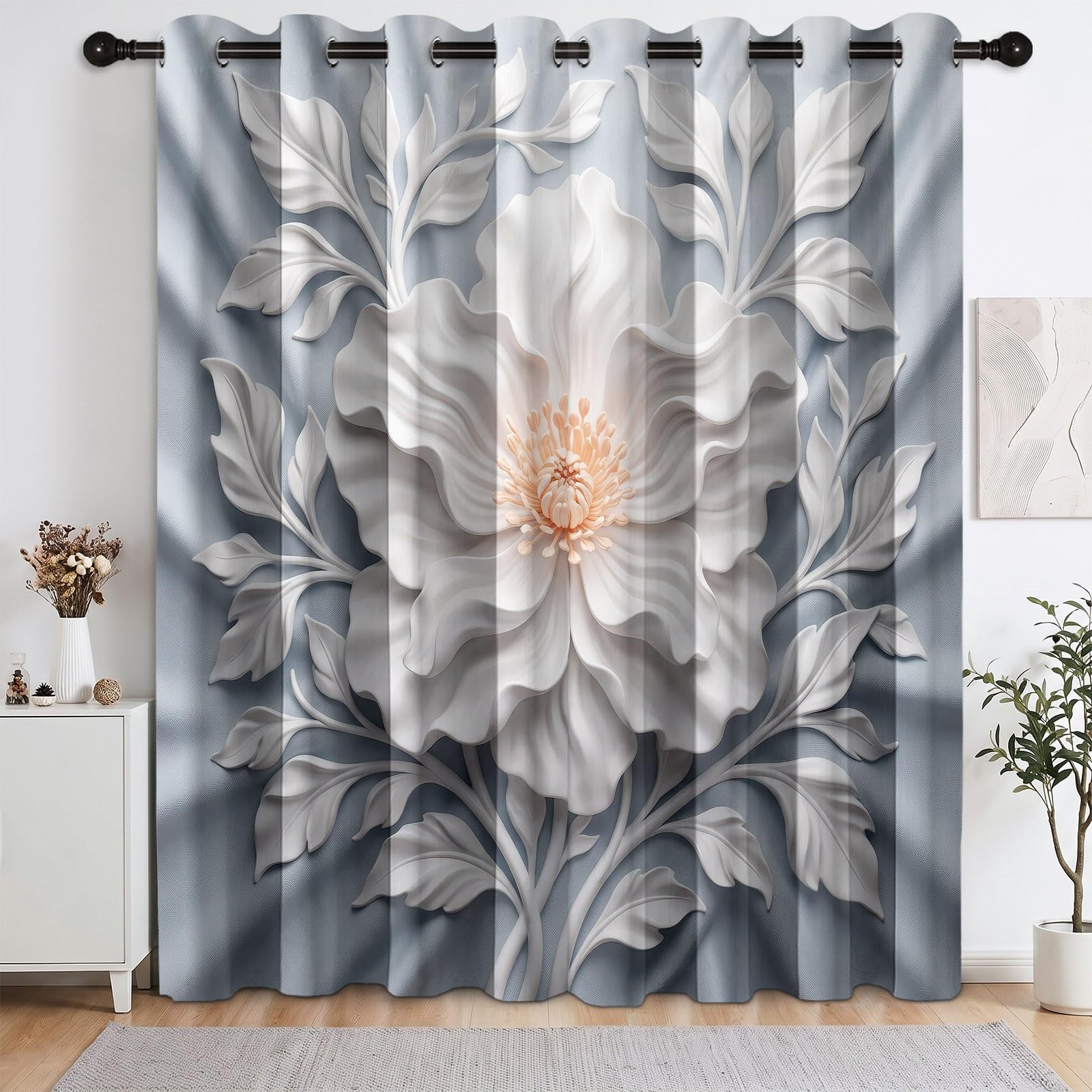 Blickdichte Gardinen für Wohnzimmer, Vorhänge Deko 3D Relief Blumen