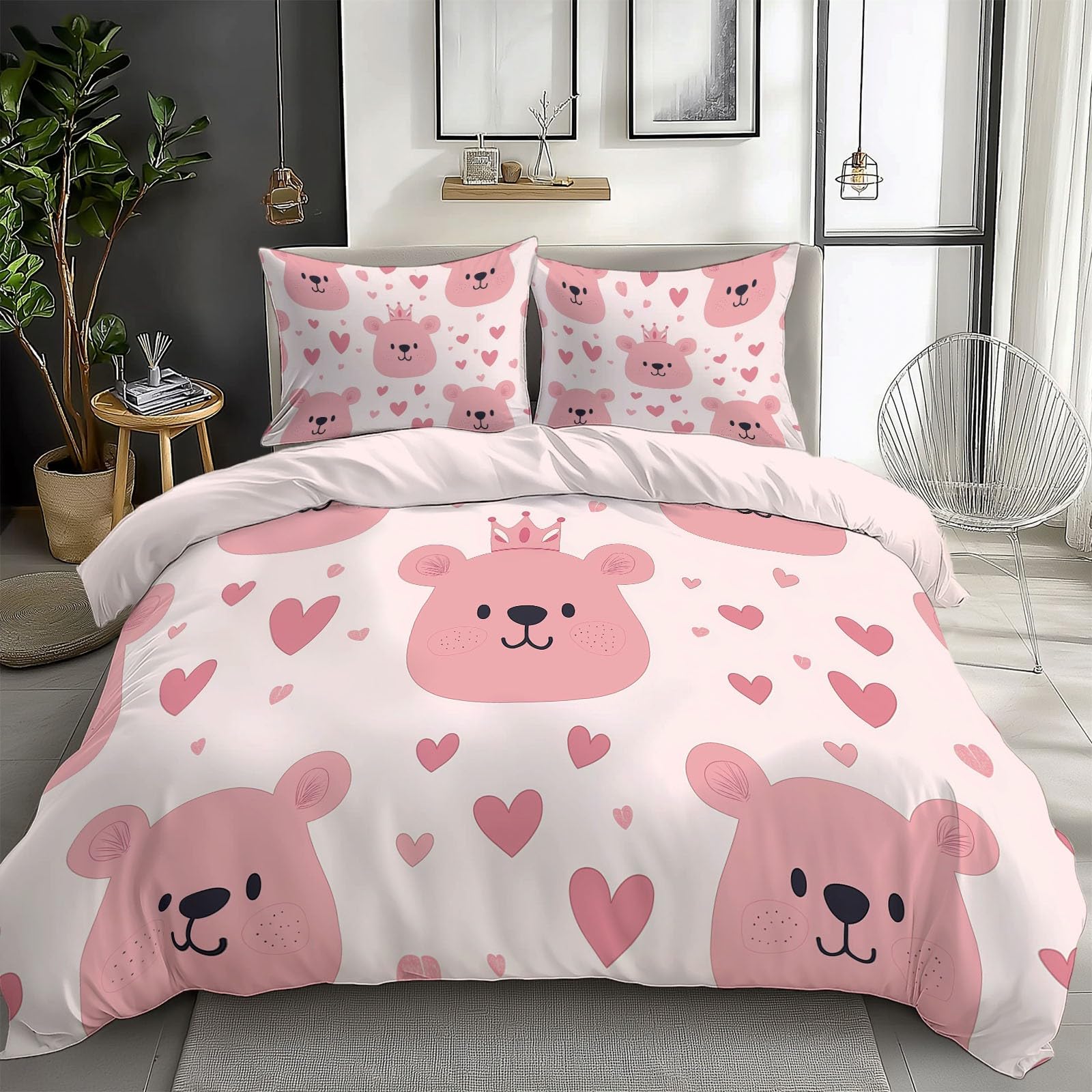 Duvet Cover King Size Pink Cartoon Bear Face Reversible 3 Pieces Duvet Cover Set, Bedding Set for All Season, Soft and Breathable Bedding Set with Zipper Closure