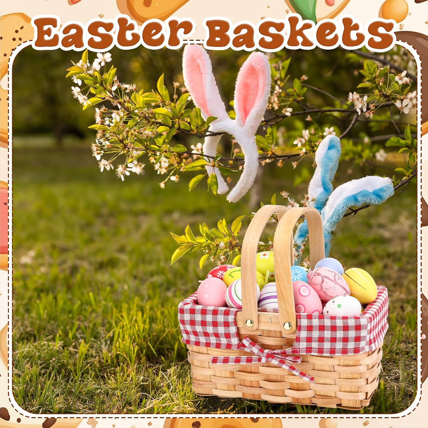 3 Pcs Different Sizes Picnic Basket with Handles Spring Plaid Gingham Checkered Liner Basket Rustic Woven Hamper for Picnic Camping Outdoor Egg Gathering Candy Gift(Red)
