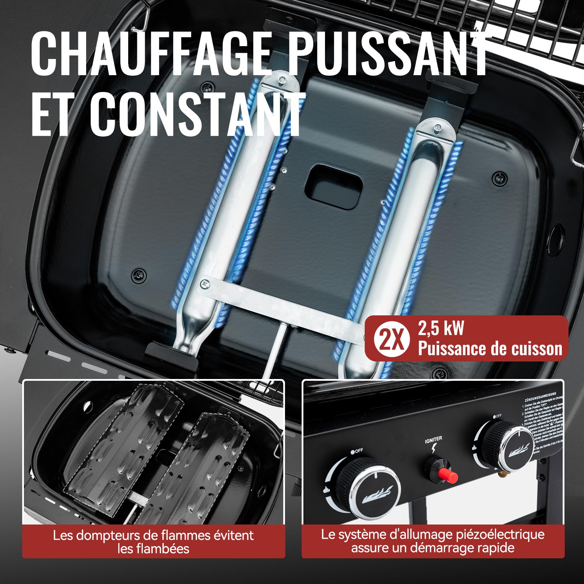 Royal Gourmet 2 Brûleurs Barbecue Gaz sur Chariot, 2 en 1 Plaque et Grille Combinés avec Tables Latérales Pliables et Couvercle, Puissance 5kW, Adapté pour Jardin et Camping, Noir